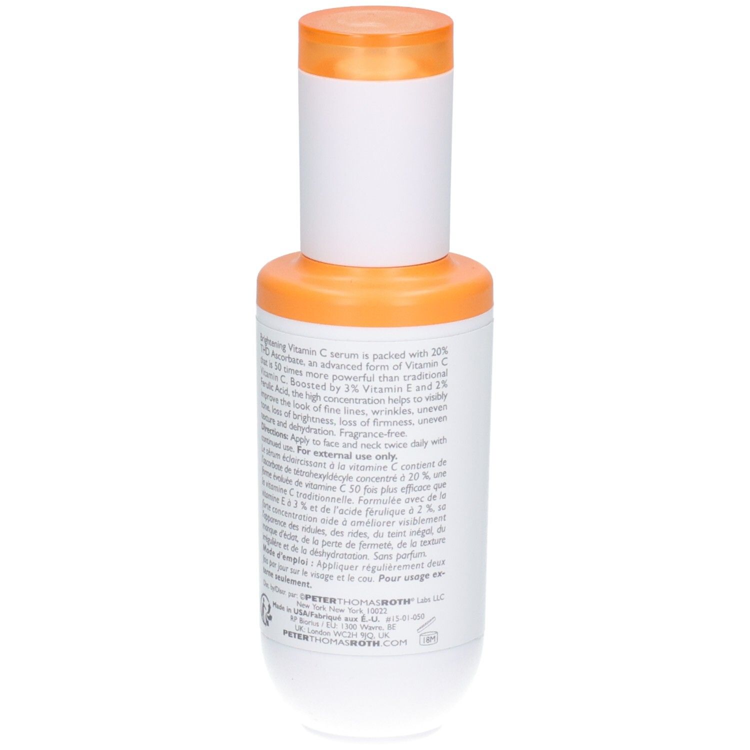 Flacon Peter Thomas Roth Potent C Power Serum, vue arrière avec informations produit.