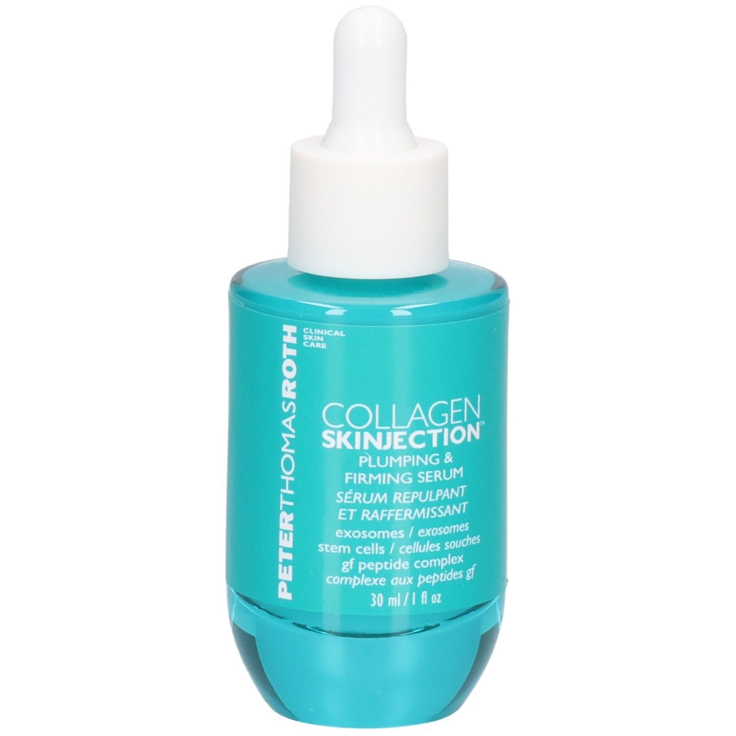 Flacon de sérum Peter Thomas Roth Collagen Skinjection avec pipette, bleu sarcelle.