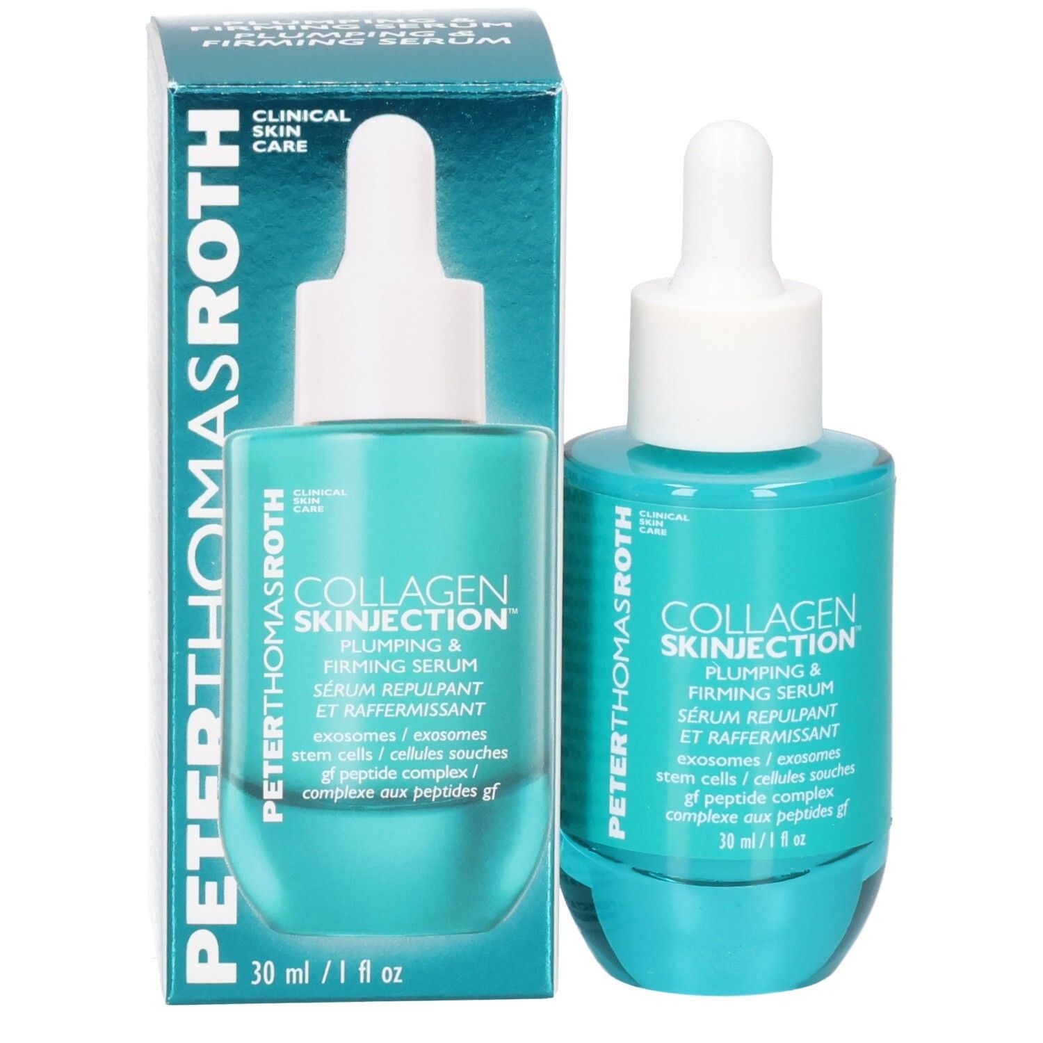 Flacon et emballage du sérum Peter Thomas Roth Collagen Skinjection, bleu sarcelle.