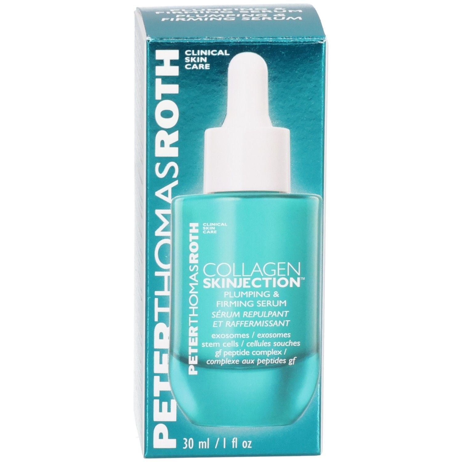 Flacon et emballage du sérum Peter Thomas Roth Collagen Skinjection, bleu sarcelle.