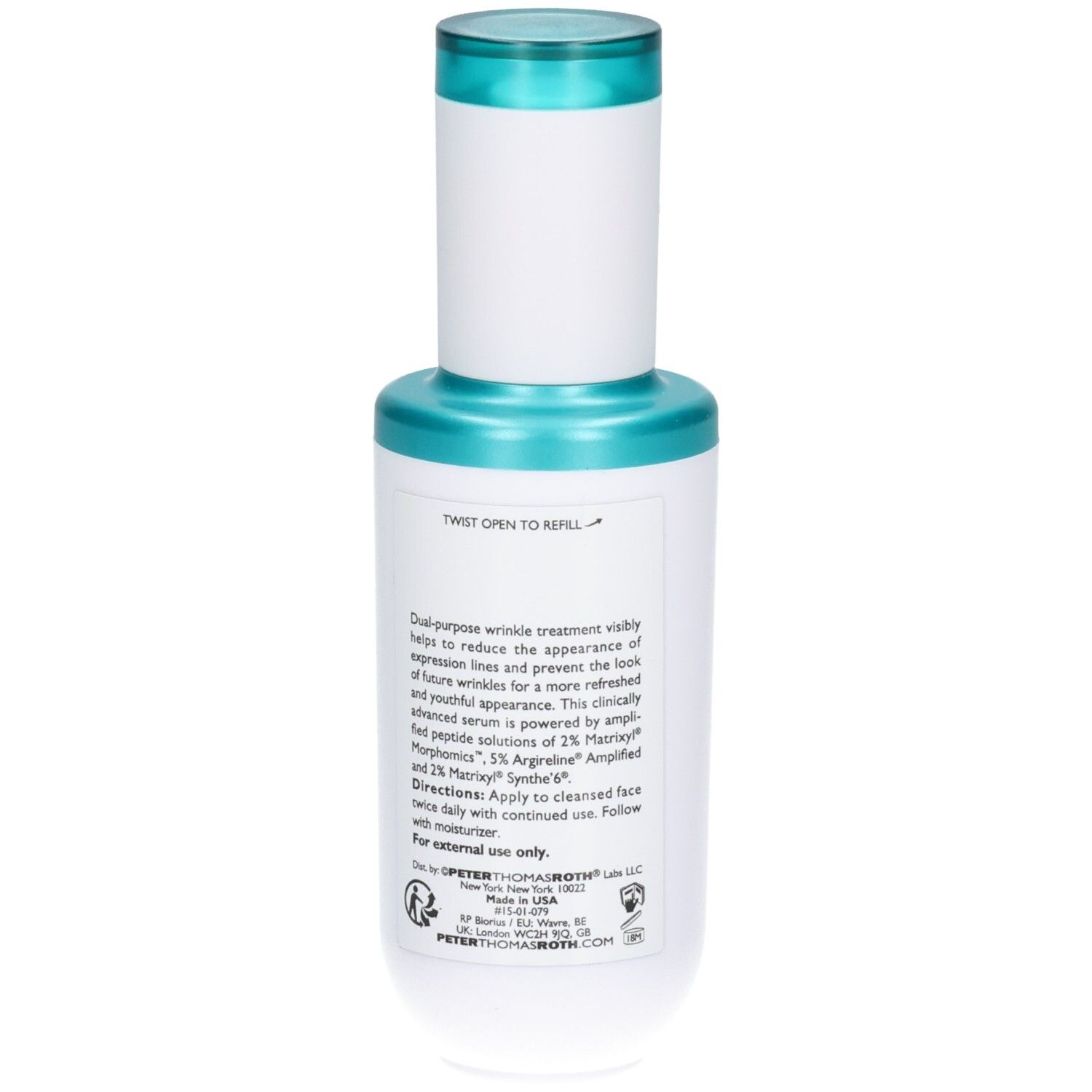 Arrière du flacon de sérum Peter Thomas Roth Peptide Skinjection avec instructions.