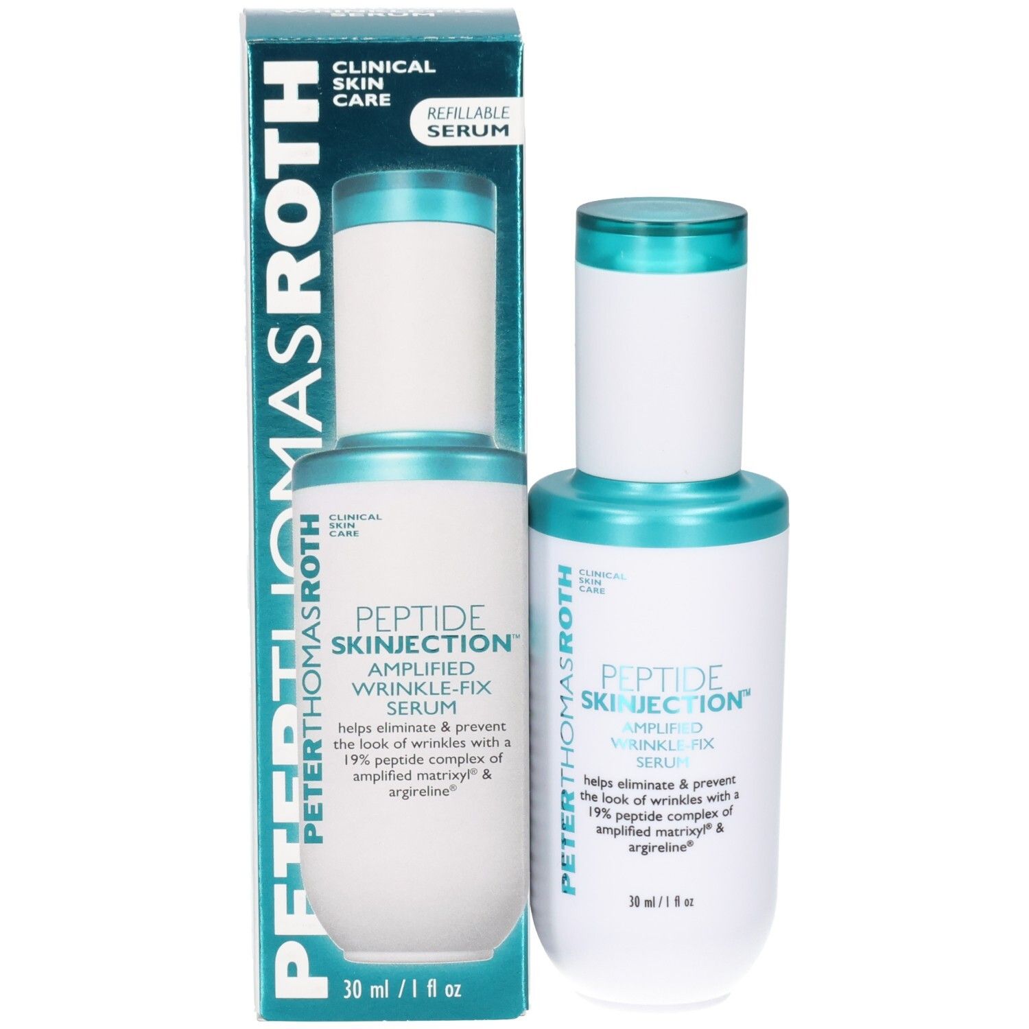 Flacon et recharge de sérum Peter Thomas Roth Peptide Skinjection, 30 ml.