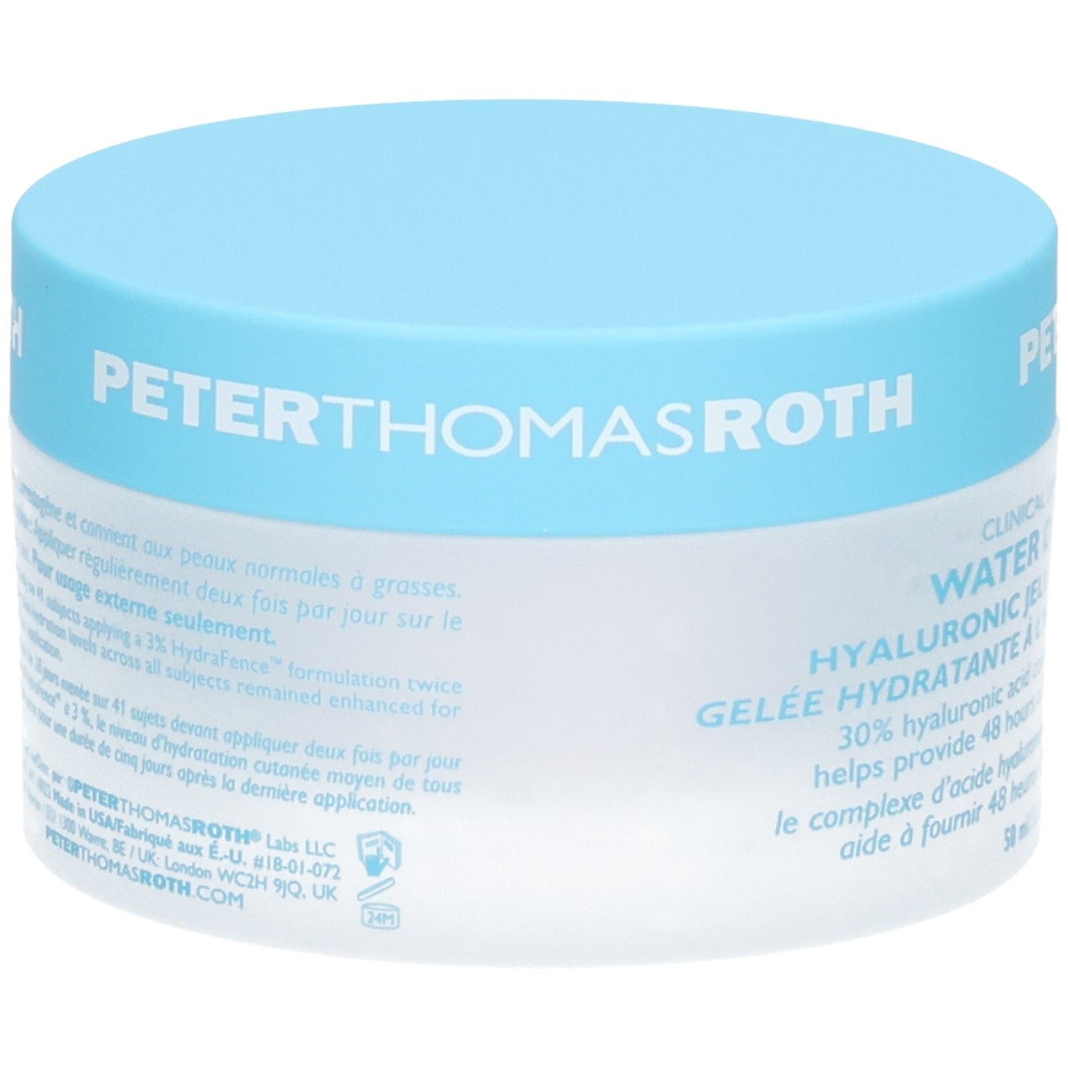 Peter Thomas Roth Water Drench Hyaluronic Jelly Moisturizer, pot de 50ml avec couvercle bleu, dos avec texte.