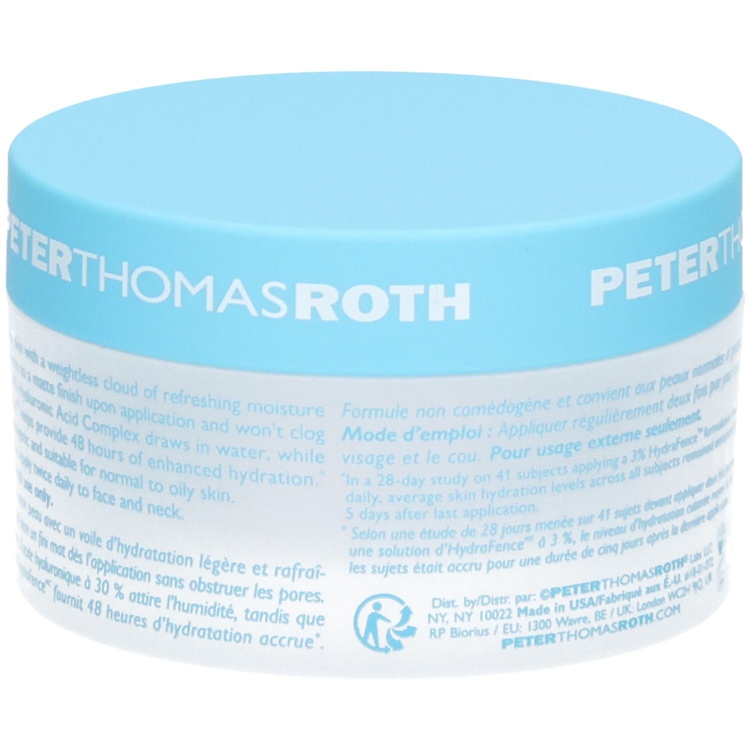 Peter Thomas Roth Water Drench Hyaluronic Jelly Moisturizer, pot de 50ml avec couvercle bleu, vue latérale avec texte.