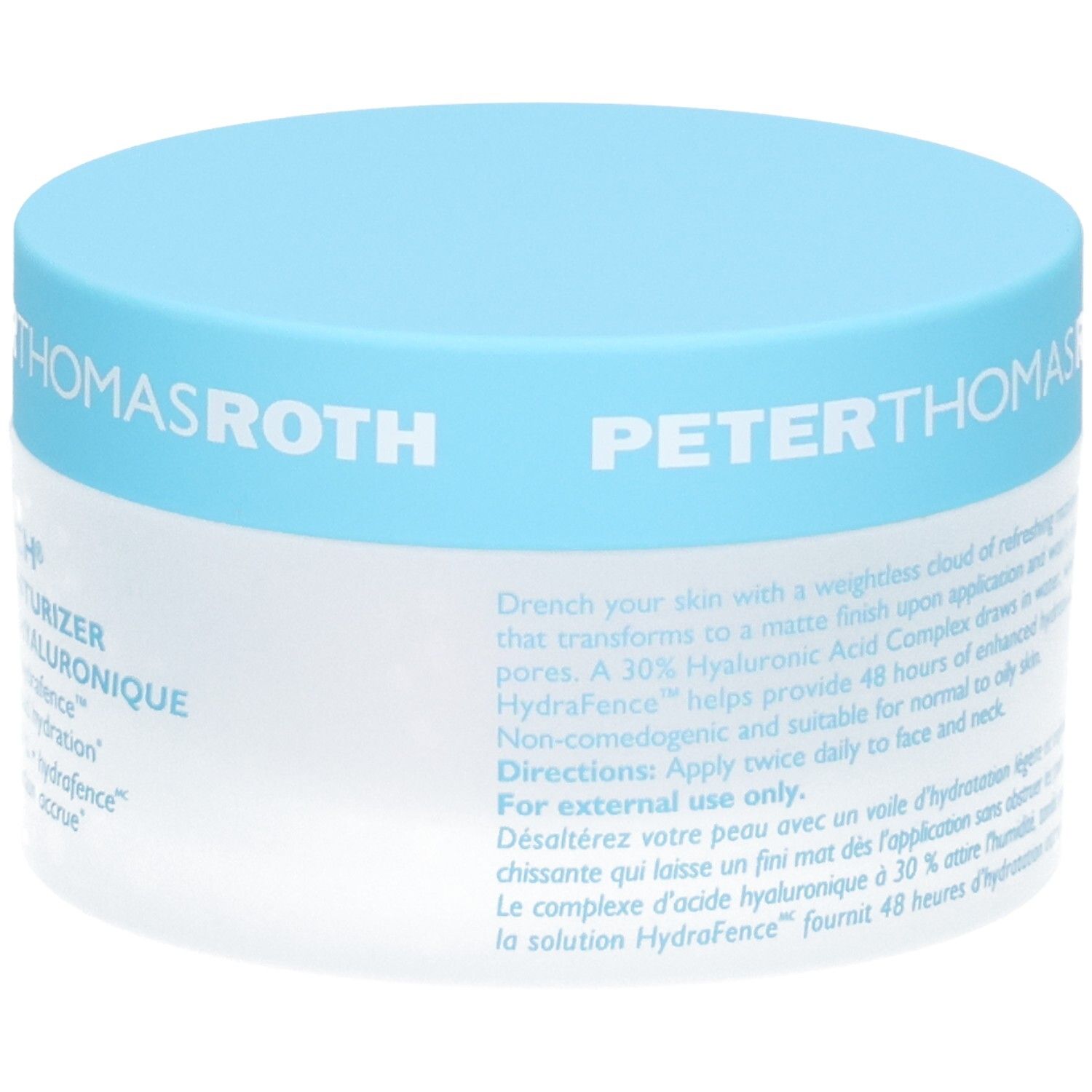 Peter Thomas Roth Water Drench Hyaluronic Jelly Moisturizer, pot de 50ml avec couvercle bleu, face avant avec texte.