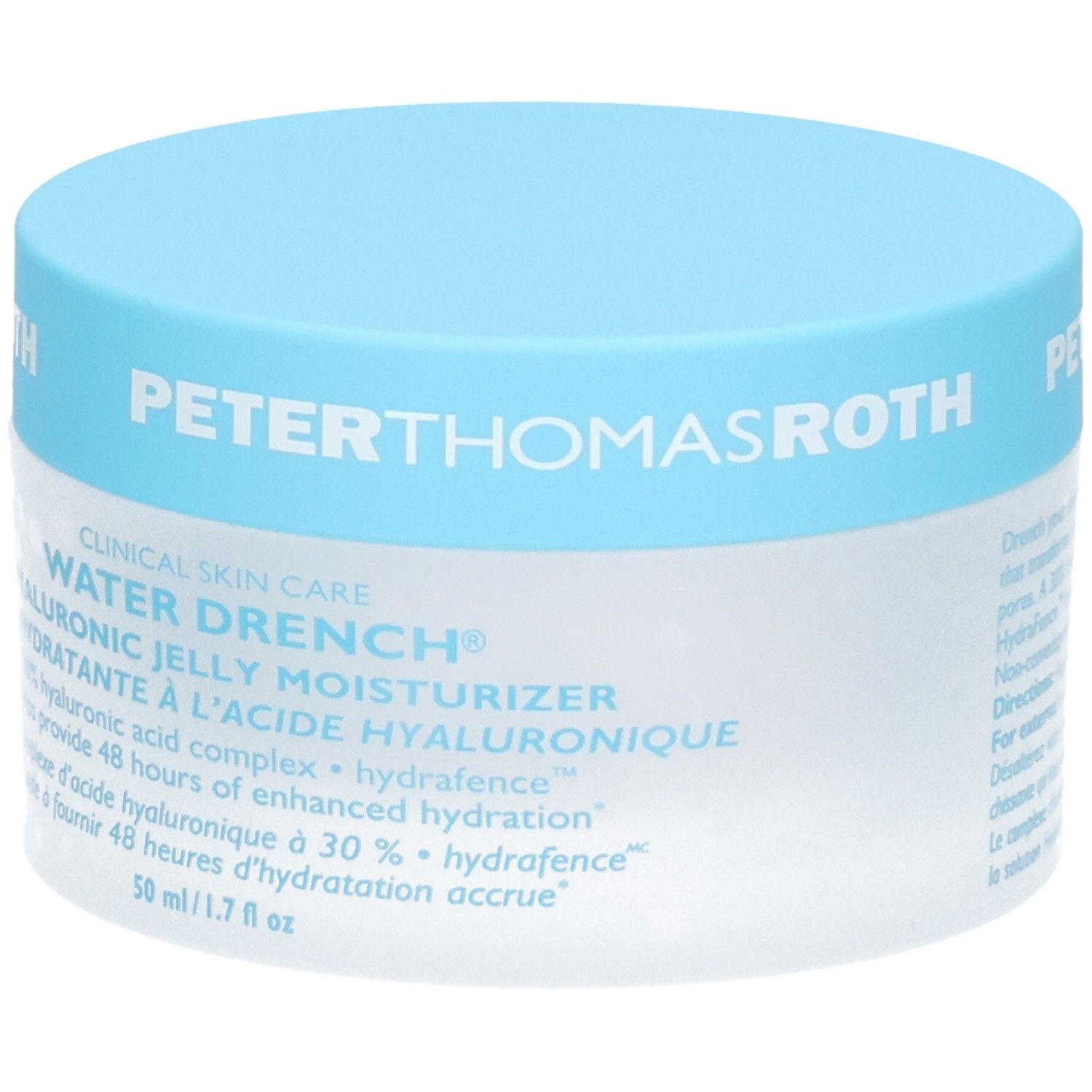 Peter Thomas Roth Water Drench Hyaluronic Jelly Moisturizer, pot de 50ml avec couvercle bleu, face avant avec texte.