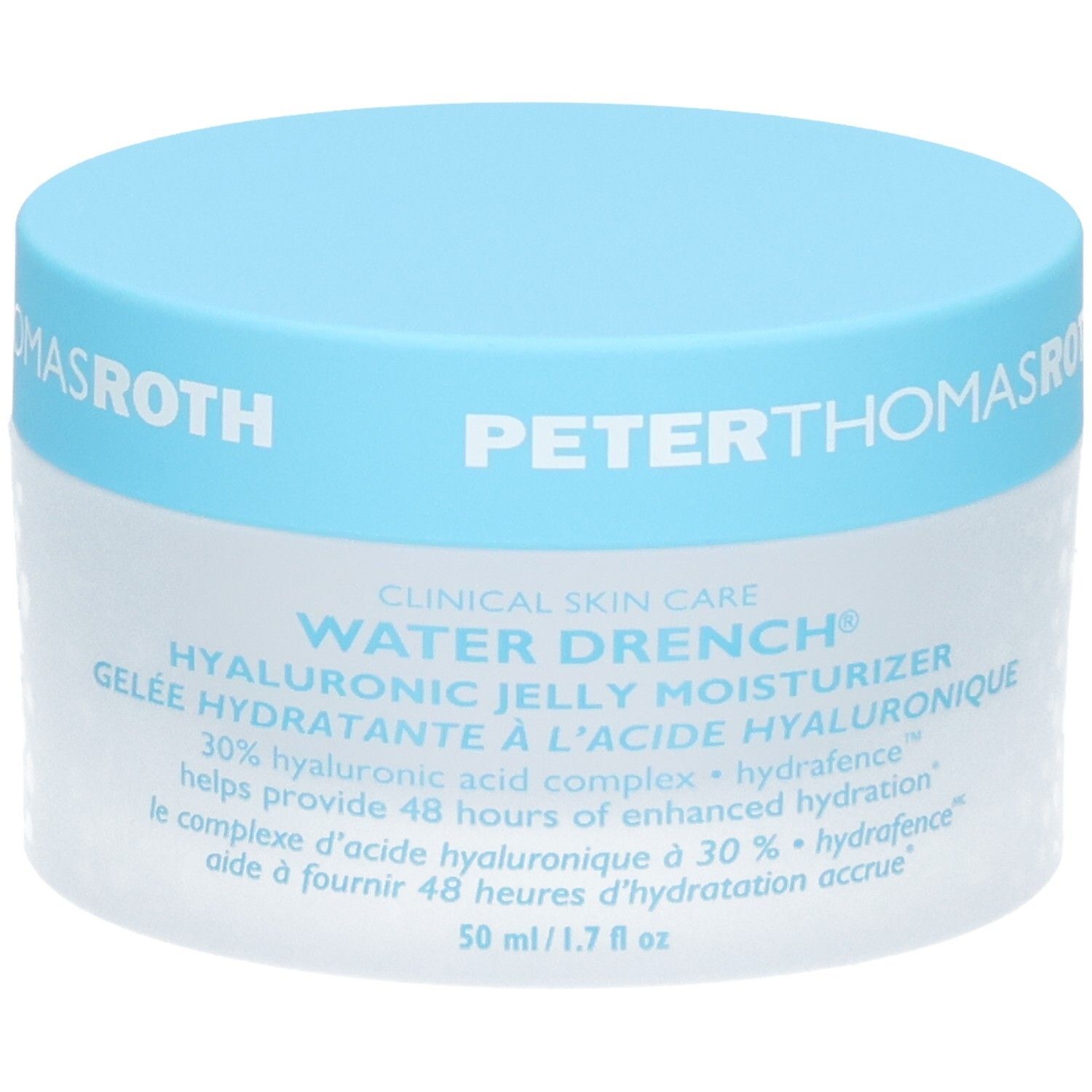 Peter Thomas Roth Water Drench Hyaluronic Jelly Moisturizer, pot de 50ml avec couvercle bleu, face avant avec texte.