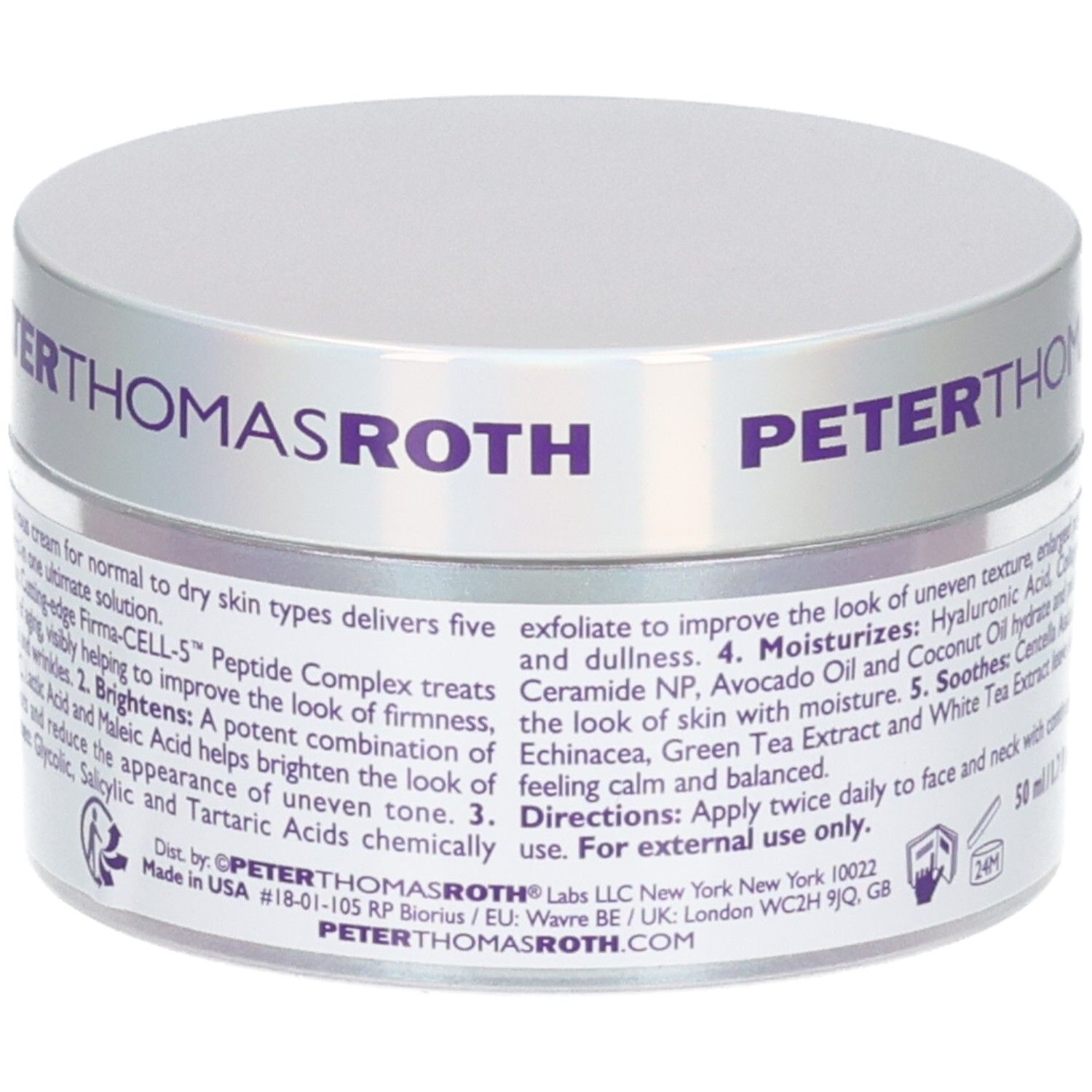 Pot Peter Thomas Roth de 50ml de crème hydratante anti-âge, dos avec instructions.