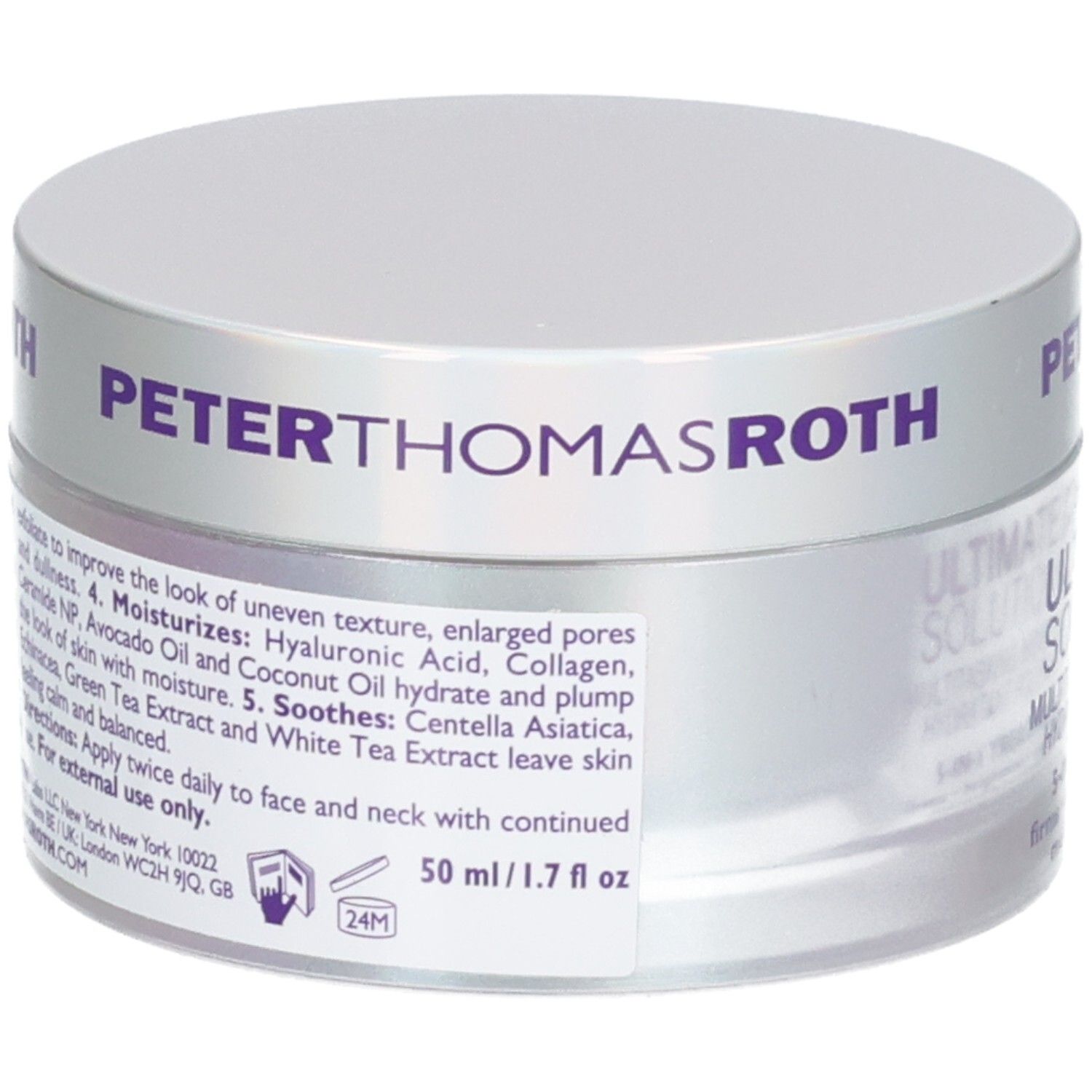Pot Peter Thomas Roth 50ml Ultimate Solution 5 Multitasking Moisturizer, étiquette avec application.