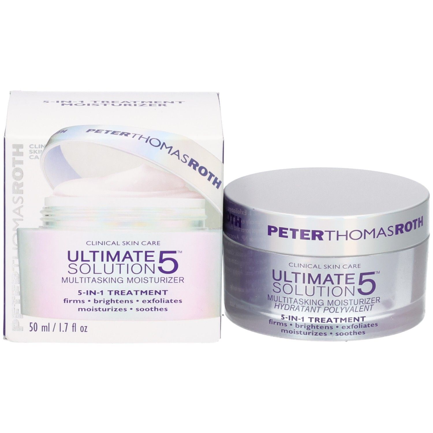Pot et boîte Peter Thomas Roth, 50ml Ultimate Solution 5 Multitasking Moisturizer.