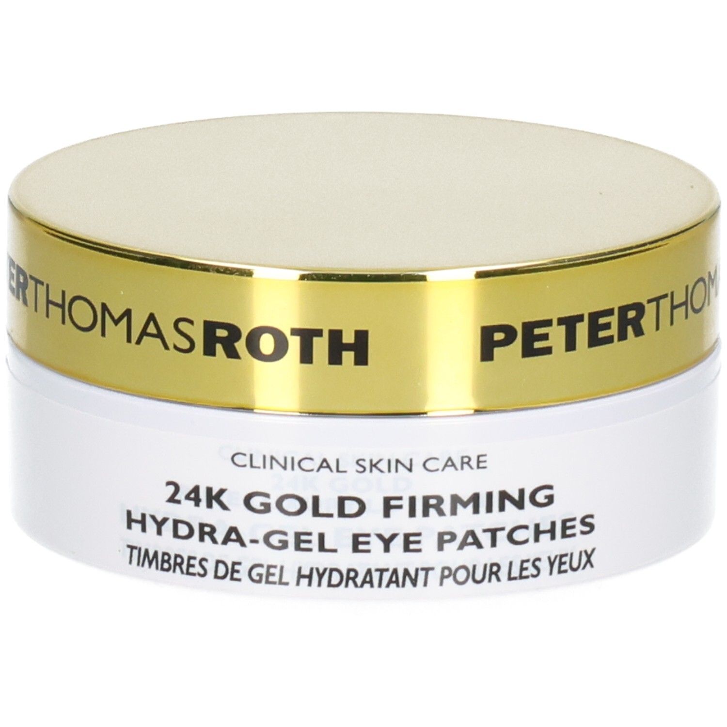 Patchs oculaires hydratants raffermissants 24K Gold de Peter Thomas Roth dans un pot blanc avec couvercle doré.