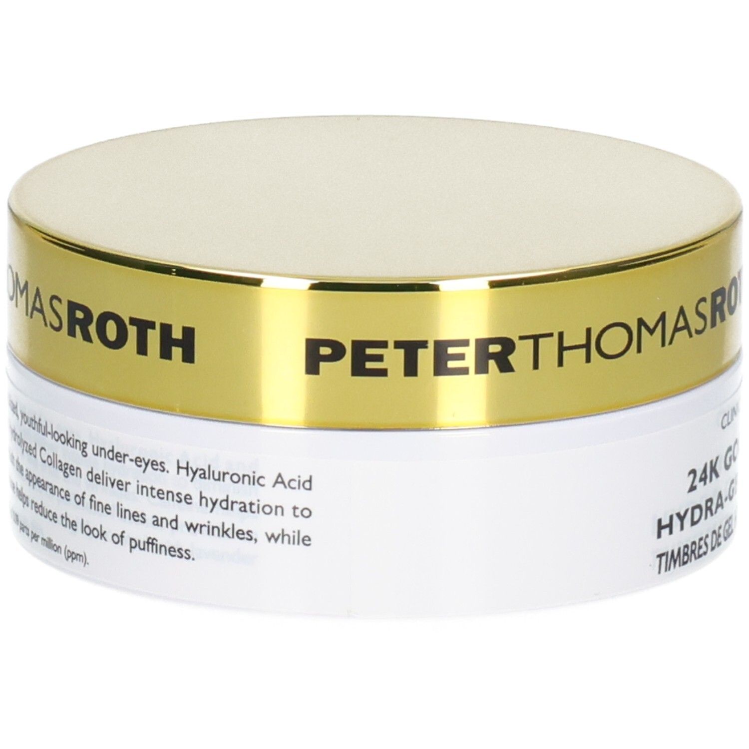 Patchs oculaires hydratants raffermissants 24K Gold de Peter Thomas Roth : description sur le pot à bord doré.