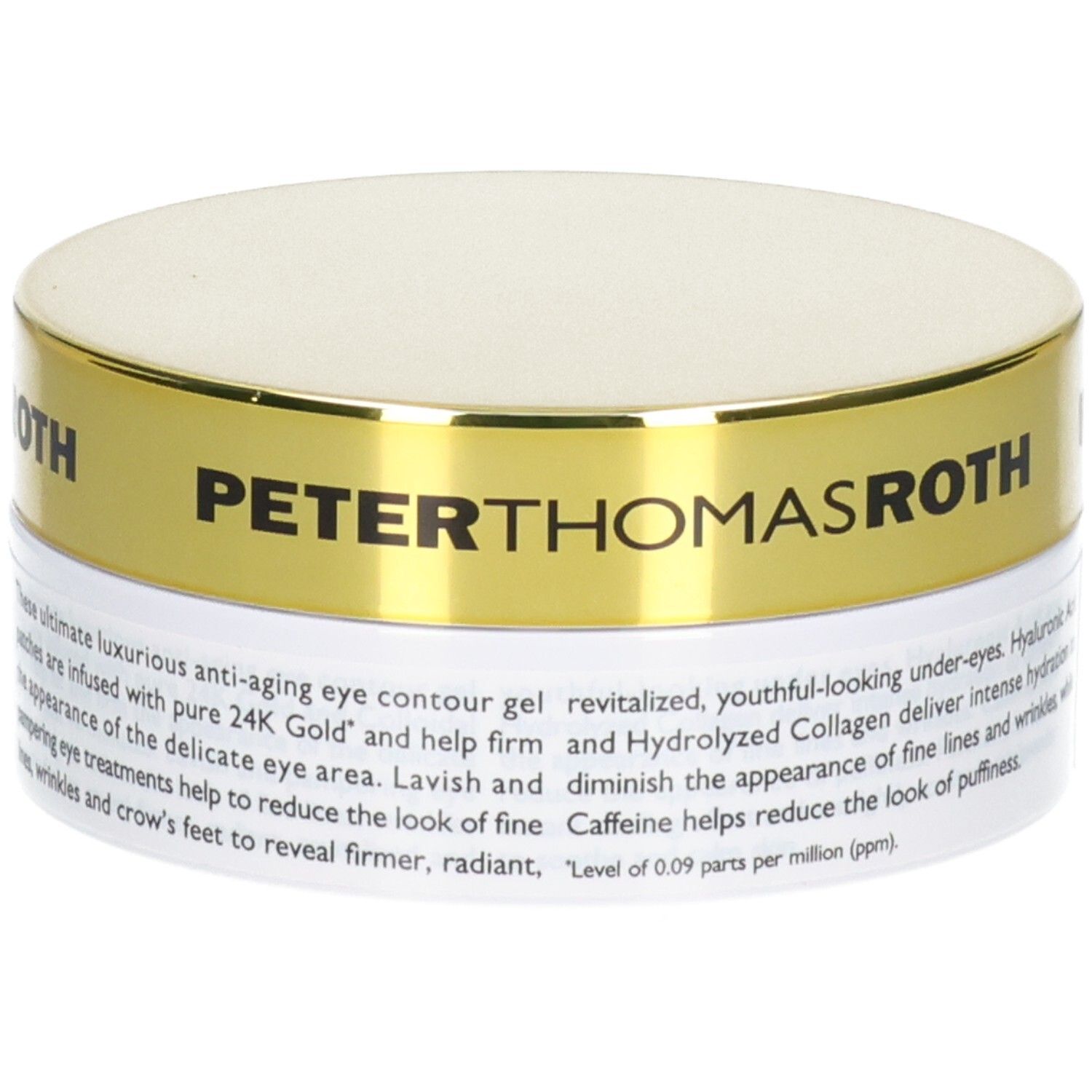 Patchs oculaires hydratants raffermissants 24K Gold de Peter Thomas Roth : description du produit sur le pot.