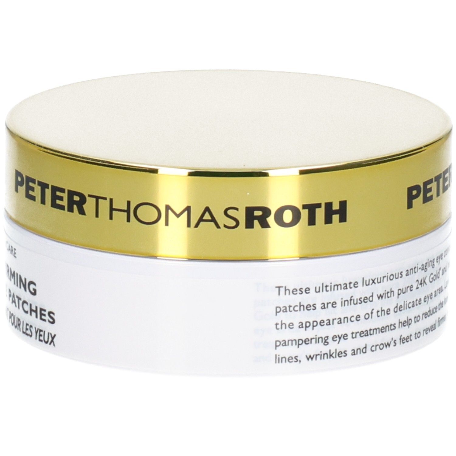 Patchs oculaires hydratants raffermissants 24K Gold de Peter Thomas Roth : étiquette avec informations produit.