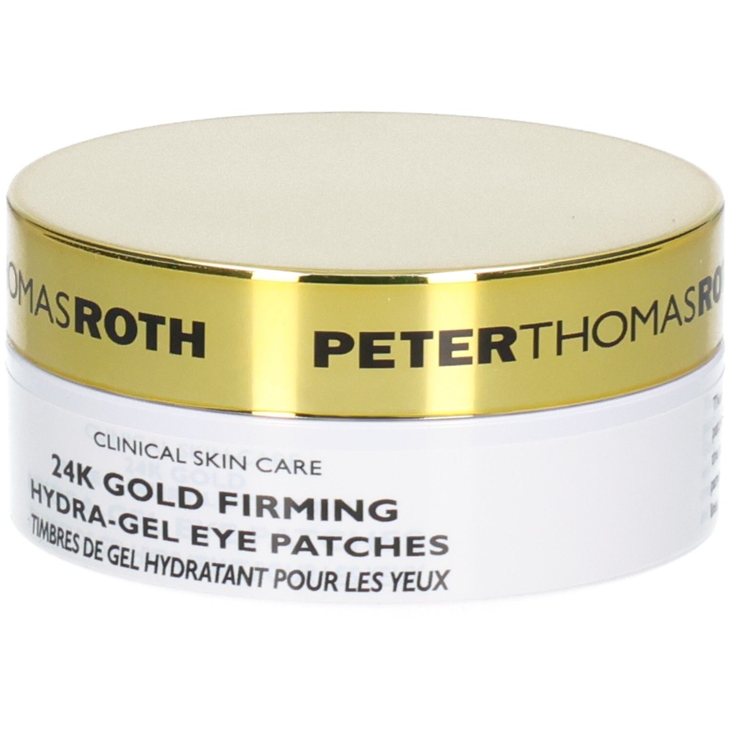 Patchs oculaires hydratants raffermissants 24K Gold de Peter Thomas Roth : pot blanc avec inscription dorée.