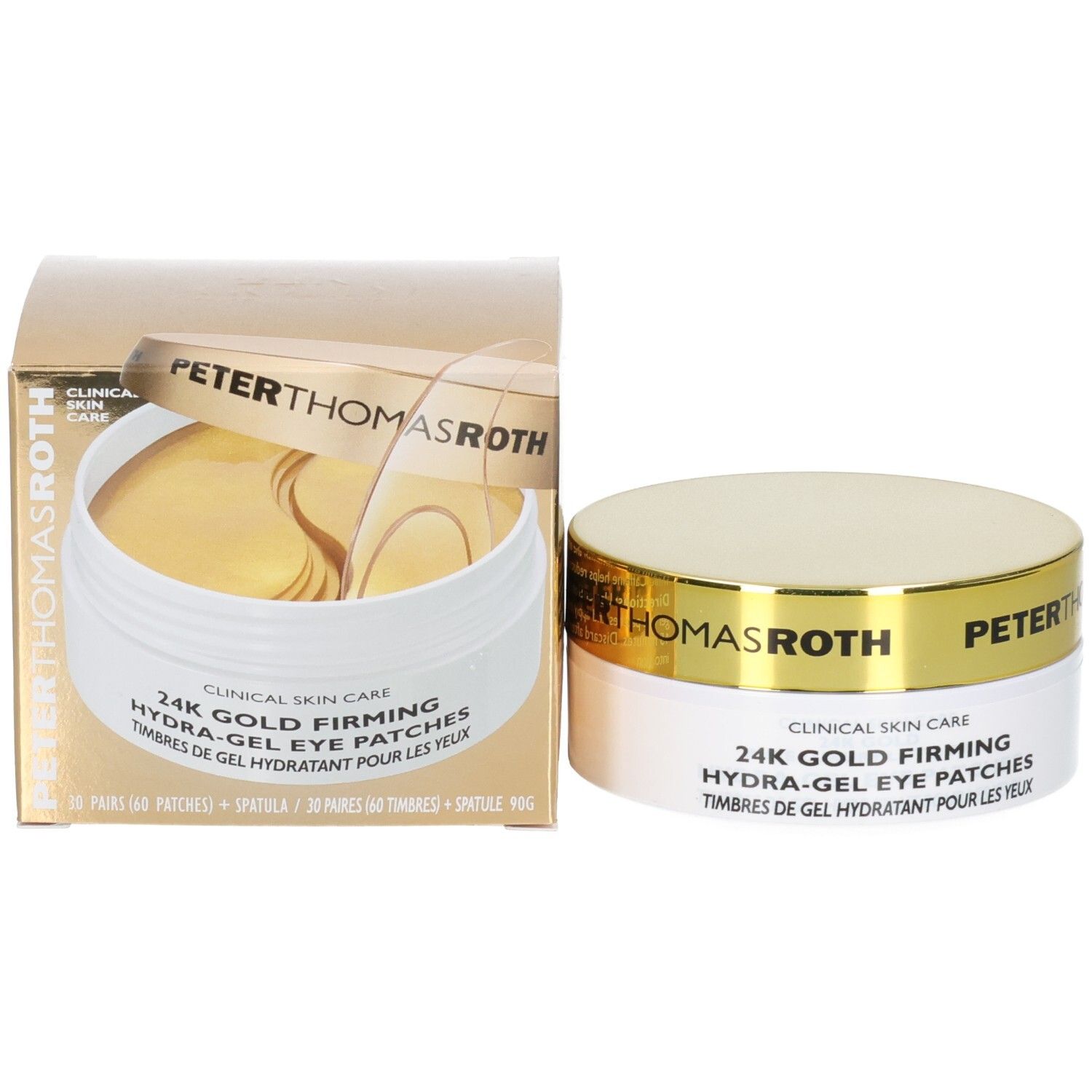 Patchs oculaires hydratants raffermissants 24K Gold de Peter Thomas Roth : pot et boîte ouverte avec patchs.