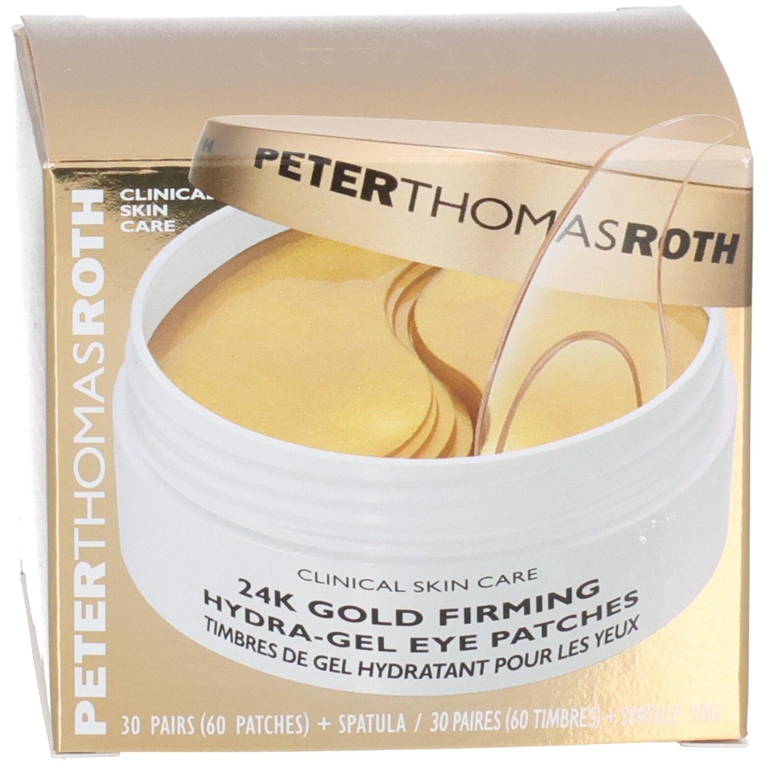 Patchs oculaires hydratants raffermissants 24K Gold de Peter Thomas Roth : boîte ouverte avec patchs et spatule.
