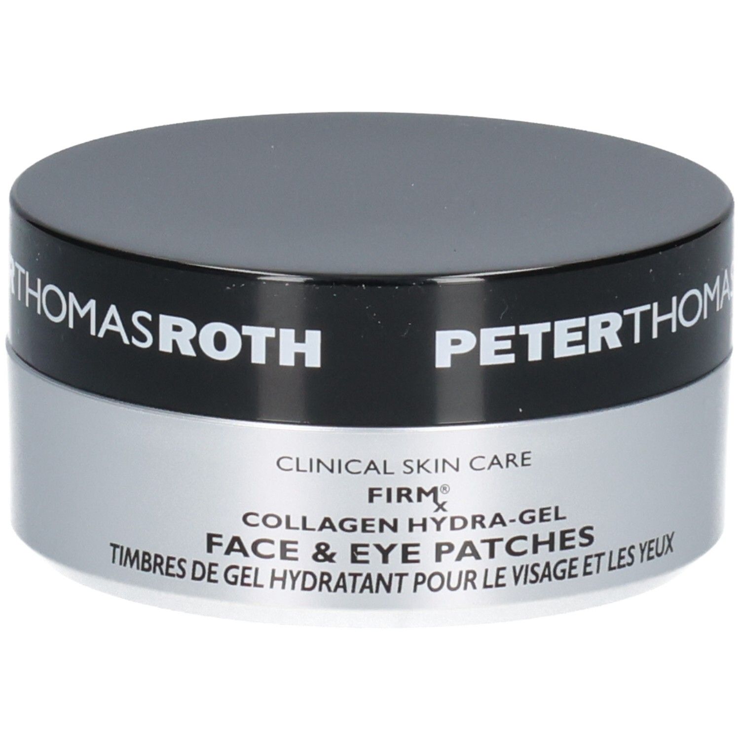 Peter Thomas Roth FIRMx Collagen Hydra-Gel Patchs Visage et Yeux dans un pot argenté et noir.
