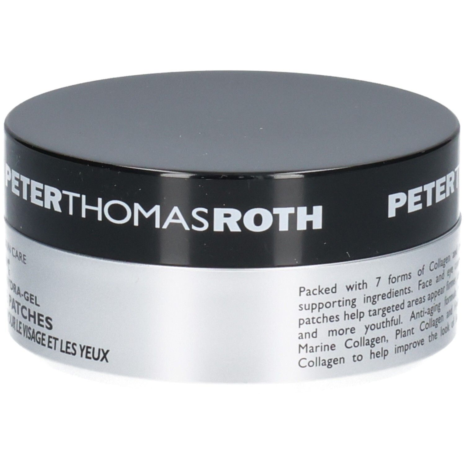 Peter Thomas Roth FIRMx Collagen Hydra-Gel Patchs Visage et Yeux : description du produit en anglais et français.