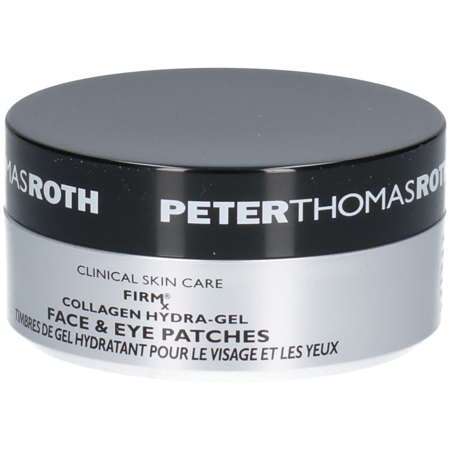 Peter Thomas Roth FIRMx Collagen Hydra-Gel Patchs Visage et Yeux : description du produit en anglais et français.