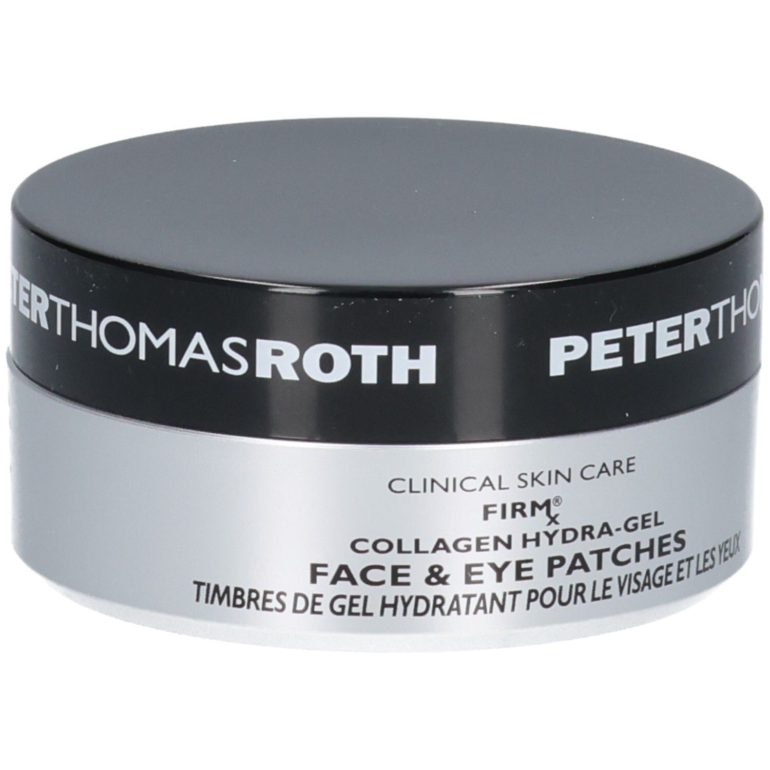 Peter Thomas Roth FIRMx Collagen Hydra-Gel Patchs Visage et Yeux : description du produit en anglais et français.