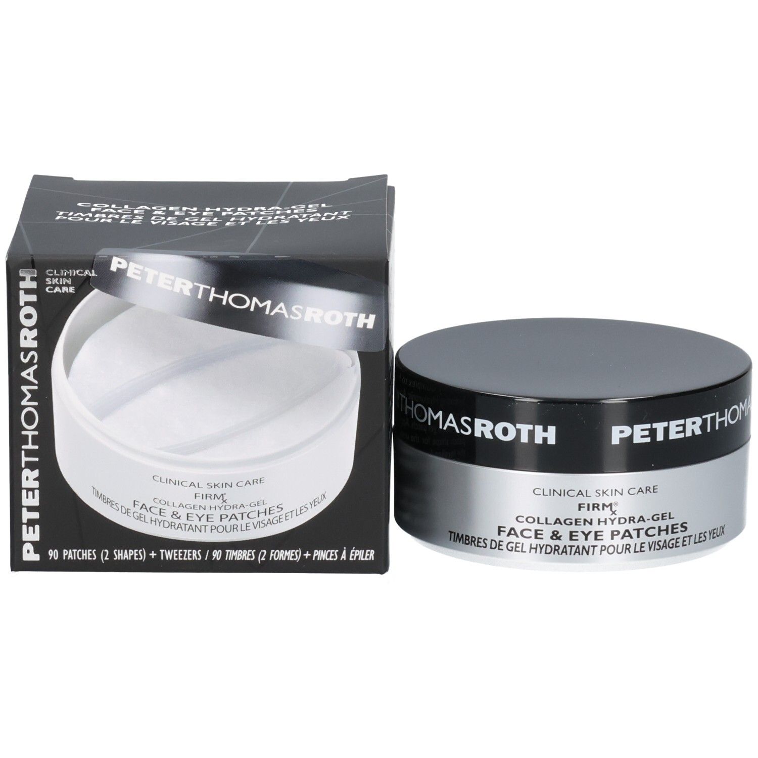Peter Thomas Roth FIRMx Collagen Hydra-Gel Patchs Visage et Yeux : description du produit en anglais et français.