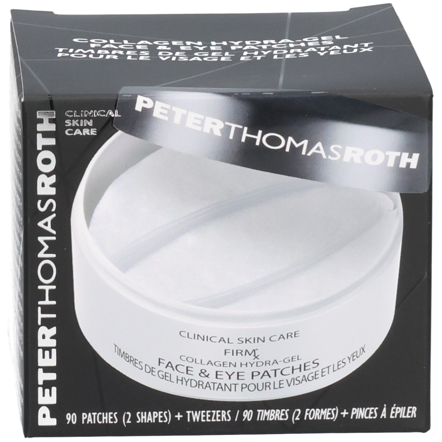 Peter Thomas Roth FIRMx Collagen Hydra-Gel Patchs Visage et Yeux : emballage avec 90 patchs et pince.