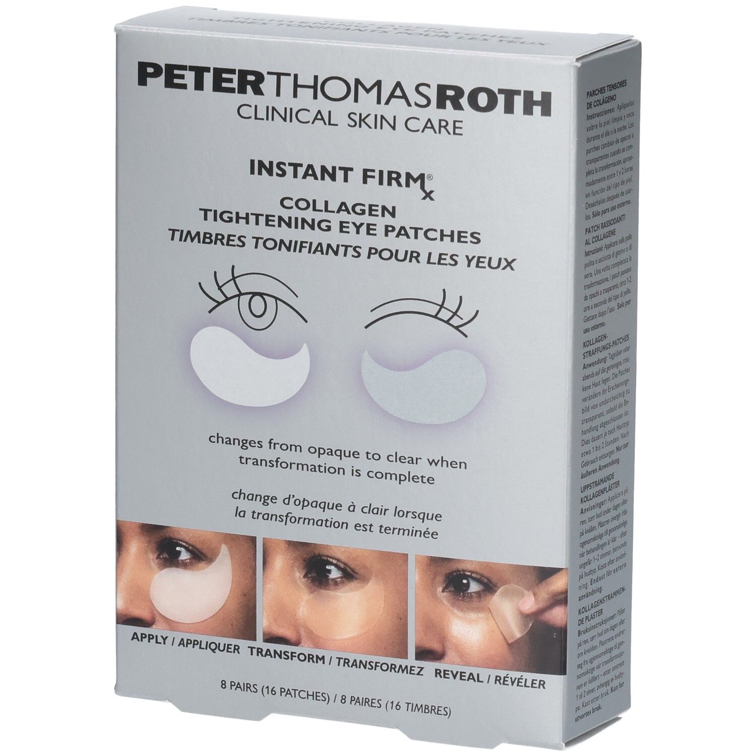 Emballage des patchs oculaires raffermissants au collagène Instant Firmx de Peter Thomas Roth, 8 paires (16 patchs).