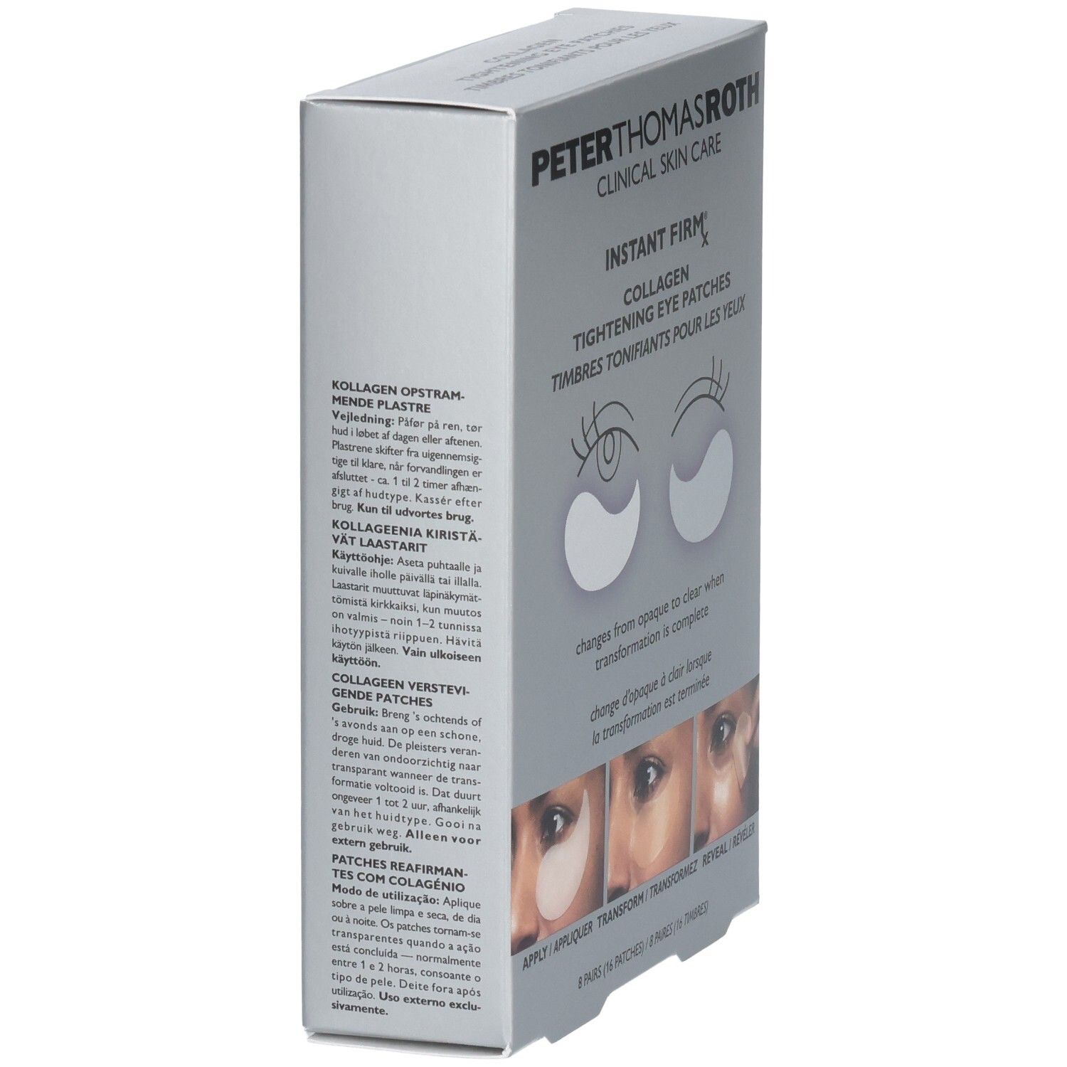 Arrière de l'emballage des patchs oculaires raffermissants au collagène Instant Firmx de Peter Thomas Roth avec instructions.