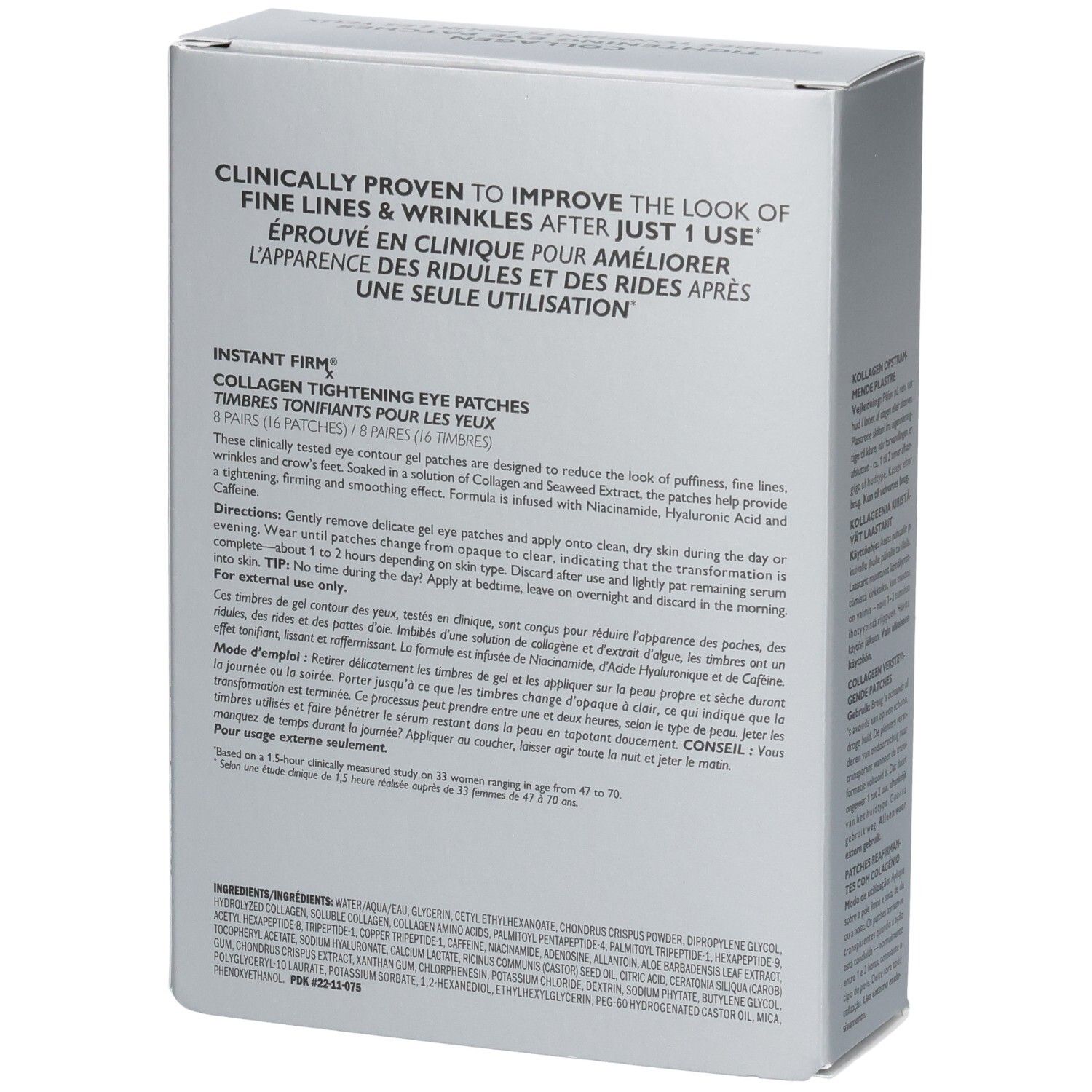 Arrière de l'emballage des patchs oculaires raffermissants au collagène Instant Firmx de Peter Thomas Roth avec ingrédients.