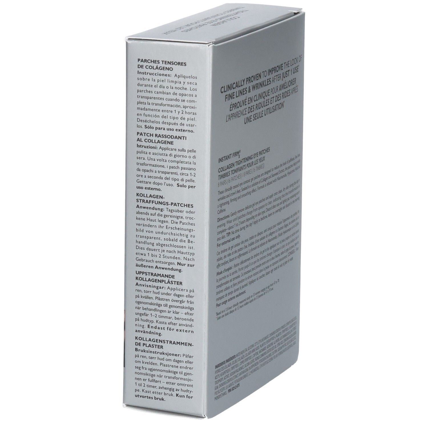 Vue latérale de l'emballage des patchs oculaires raffermissants au collagène Instant Firmx de Peter Thomas Roth.