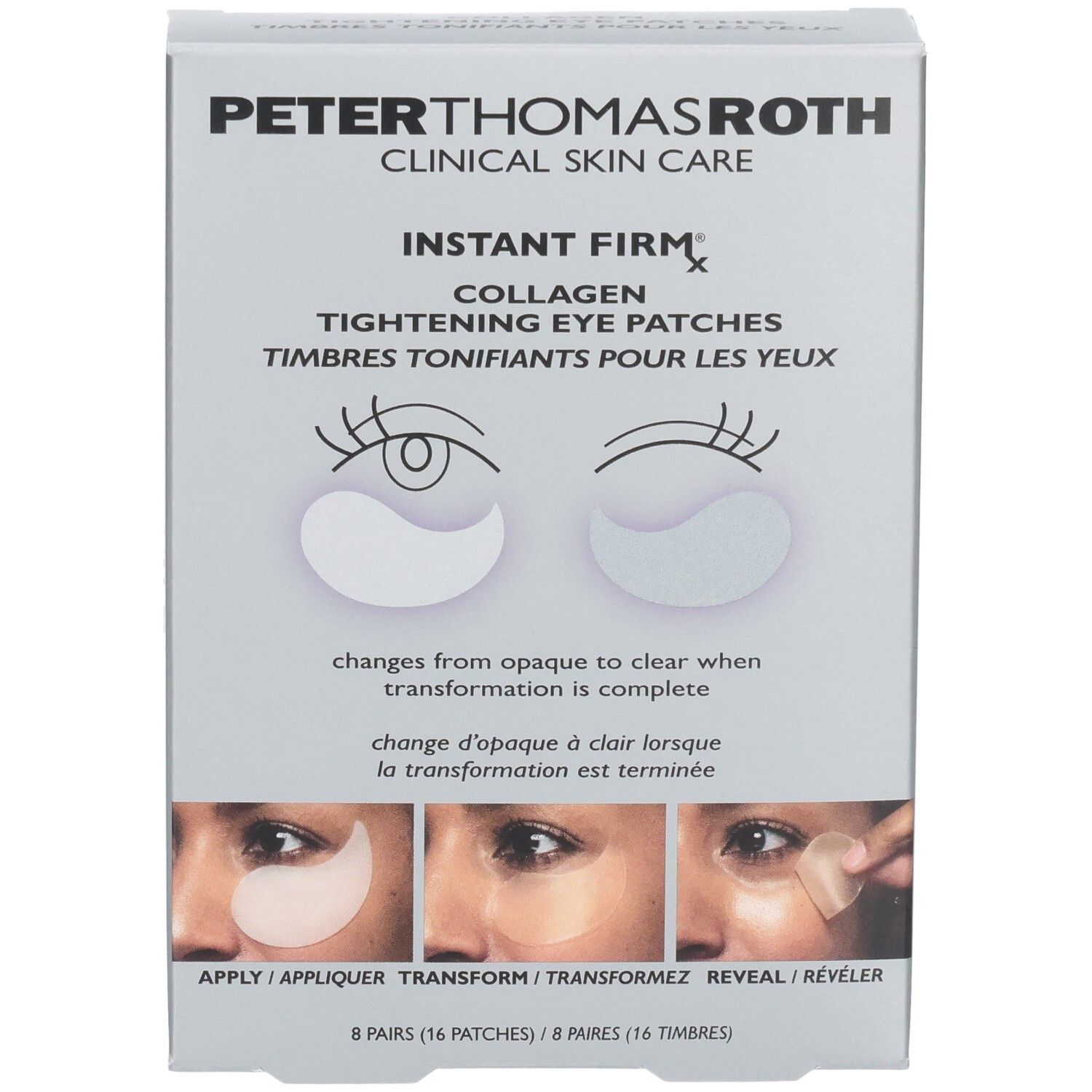 Avant de l'emballage des patchs oculaires raffermissants au collagène Instant Firmx de Peter Thomas Roth avec illustrations.