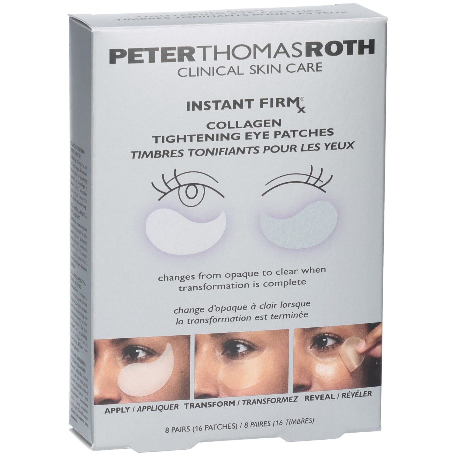 Avant de l'emballage des patchs oculaires raffermissants au collagène Instant Firmx de Peter Thomas Roth avec illustrations.