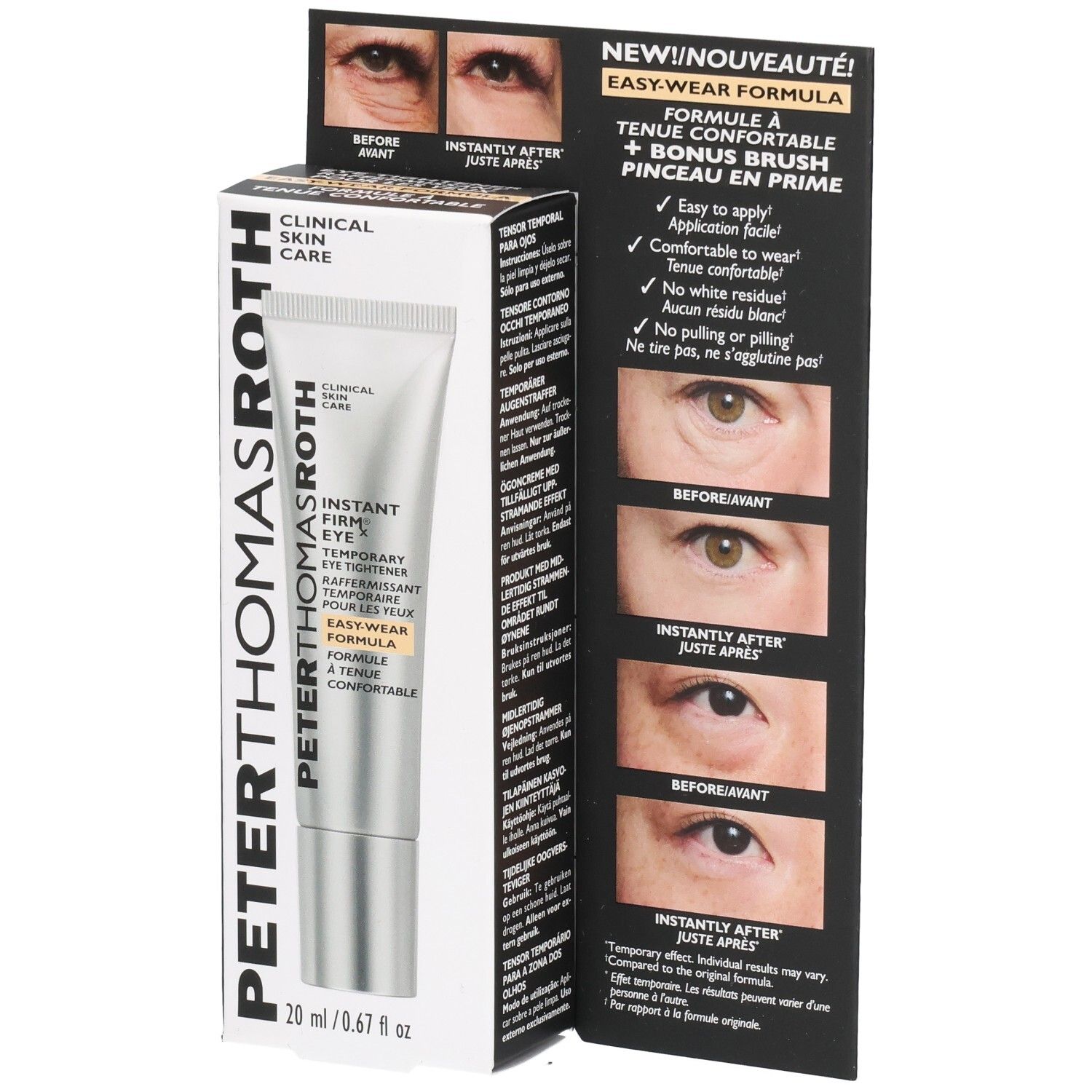 Tube Peter Thomas Roth Instant FIRMx Eye avec applicateur et emballage. Montre des images avant/après.