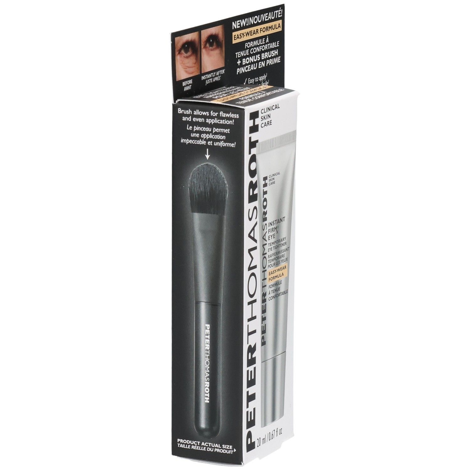 Tube Peter Thomas Roth Instant FIRMx Eye et pinceau. Emballage avec instructions d'application et images avant/après.
