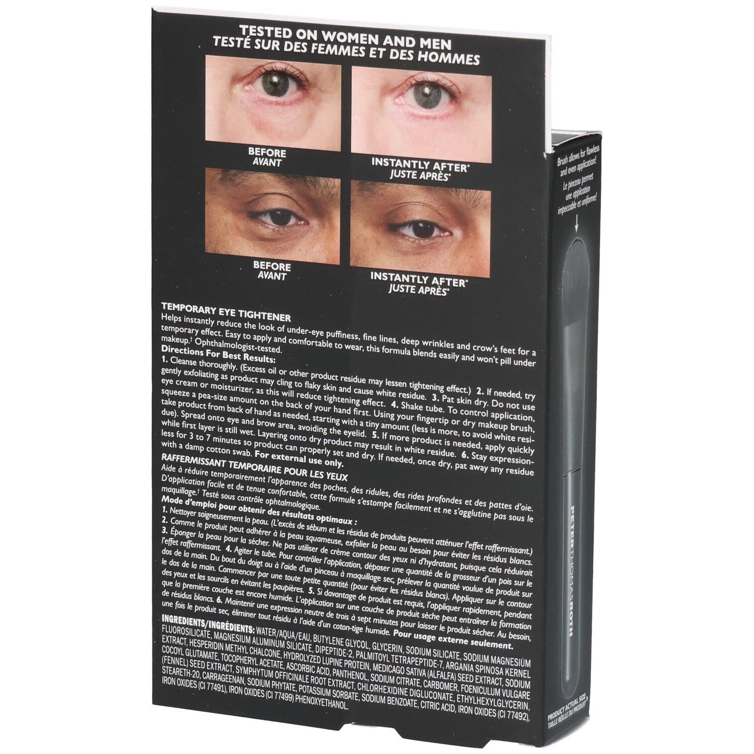 Dos de l'emballage Peter Thomas Roth Instant FIRMx Eye avec instructions d'application et ingrédients.