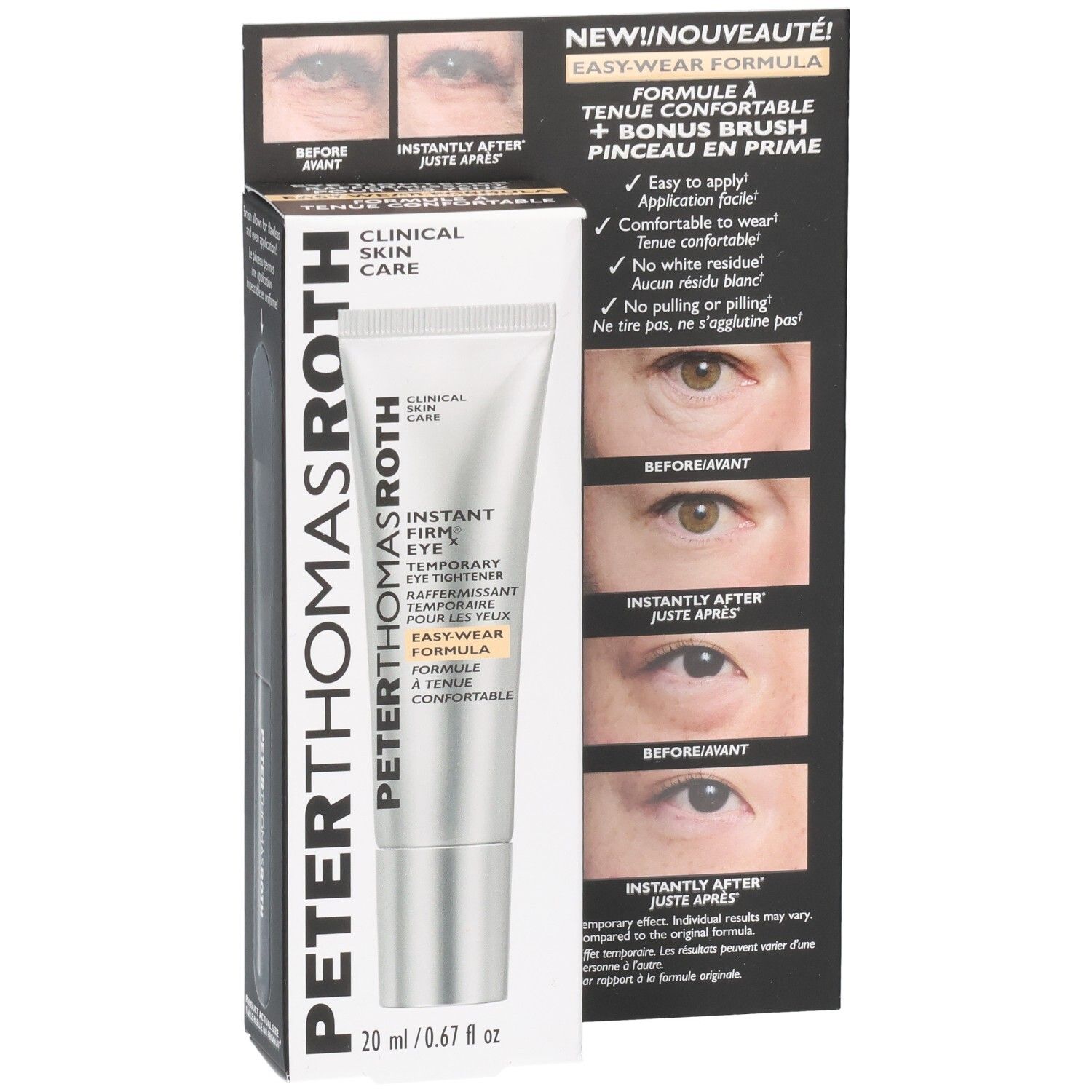 Tube Peter Thomas Roth Instant FIRMx Eye et emballage. Montre des images avant/après de la zone des yeux.