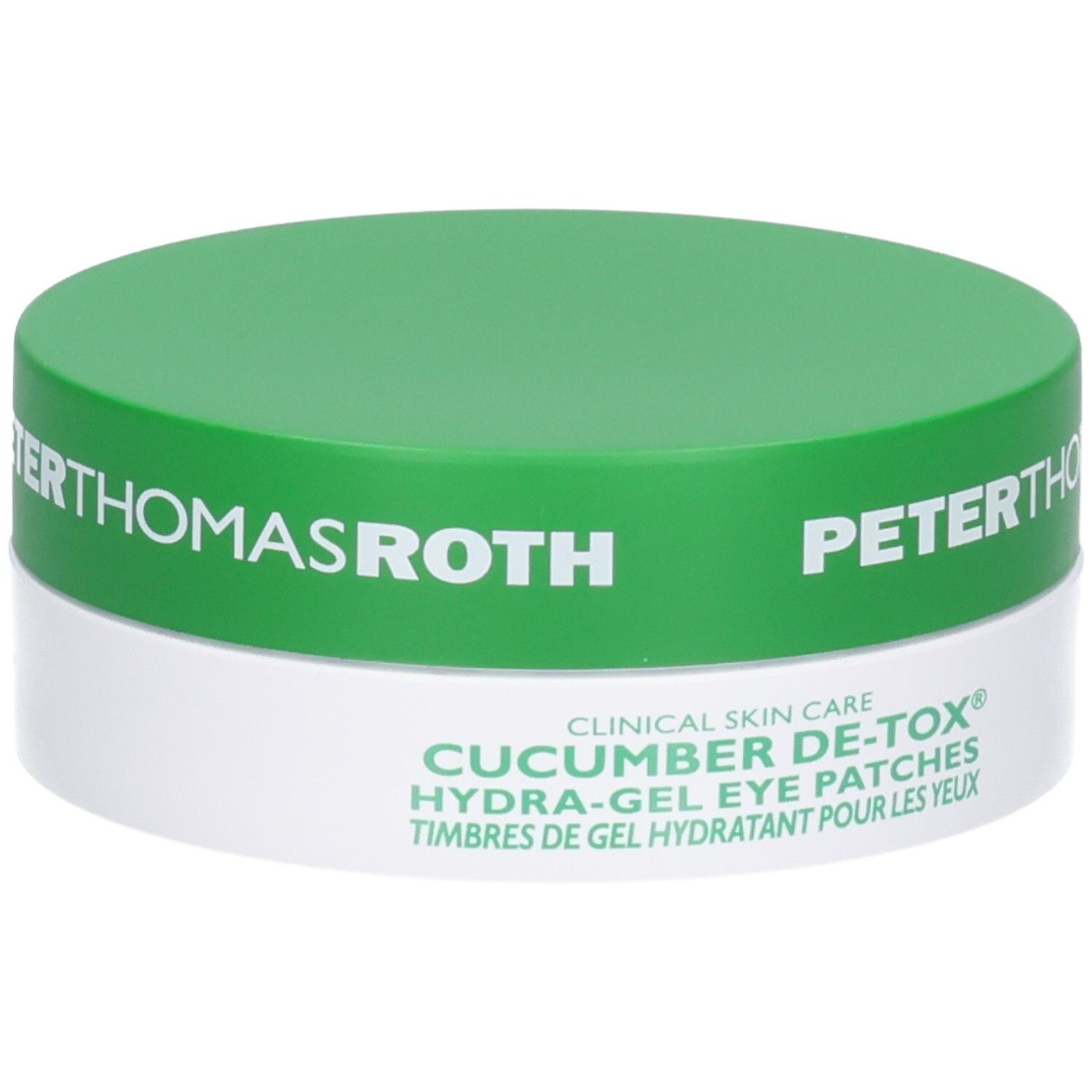 Peter Thomas Roth Cucumber De-Tox Hydra-Gel Eye Patches dans un pot vert et blanc.