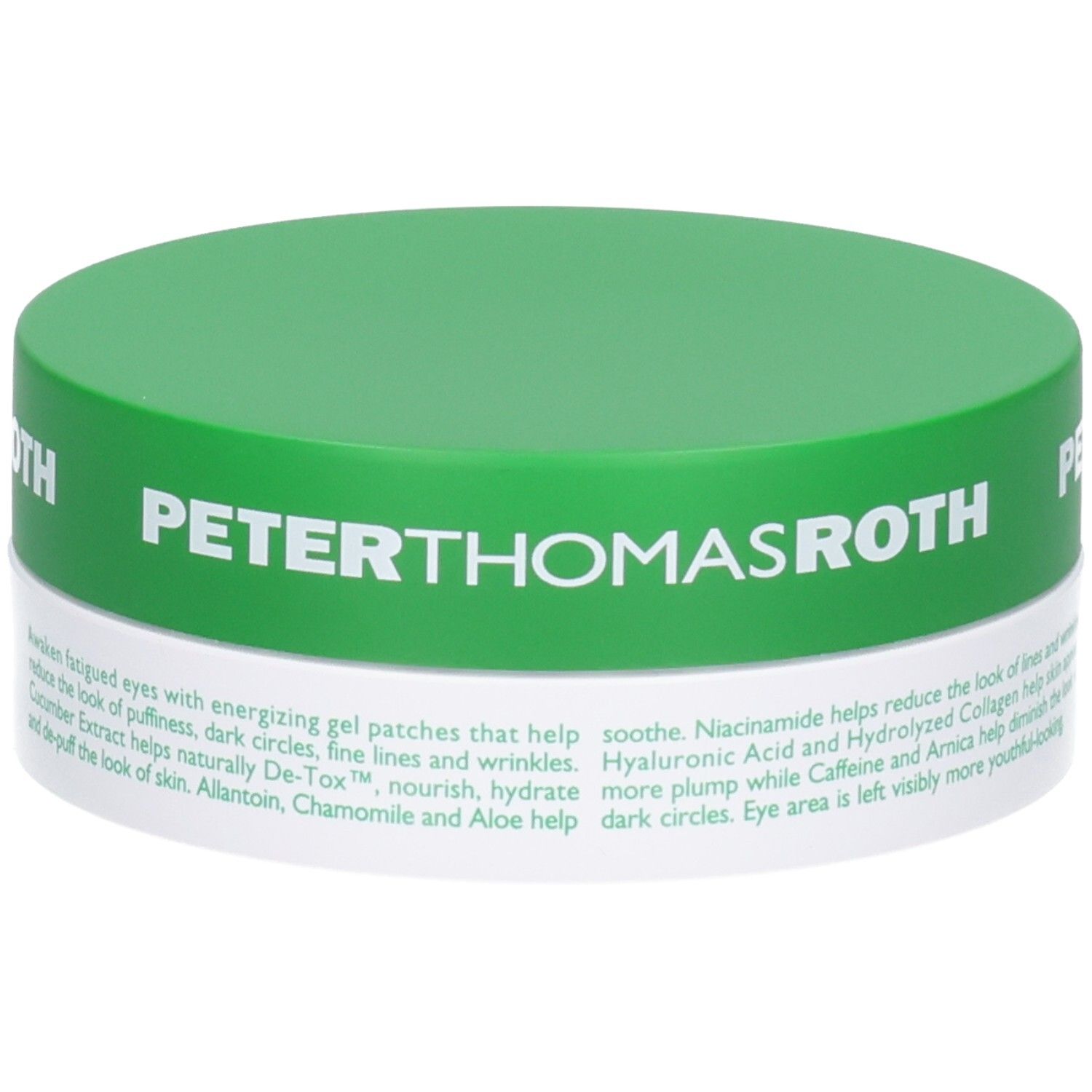 Peter Thomas Roth Cucumber De-Tox Hydra-Gel Eye Patches, côté avec ingrédients.