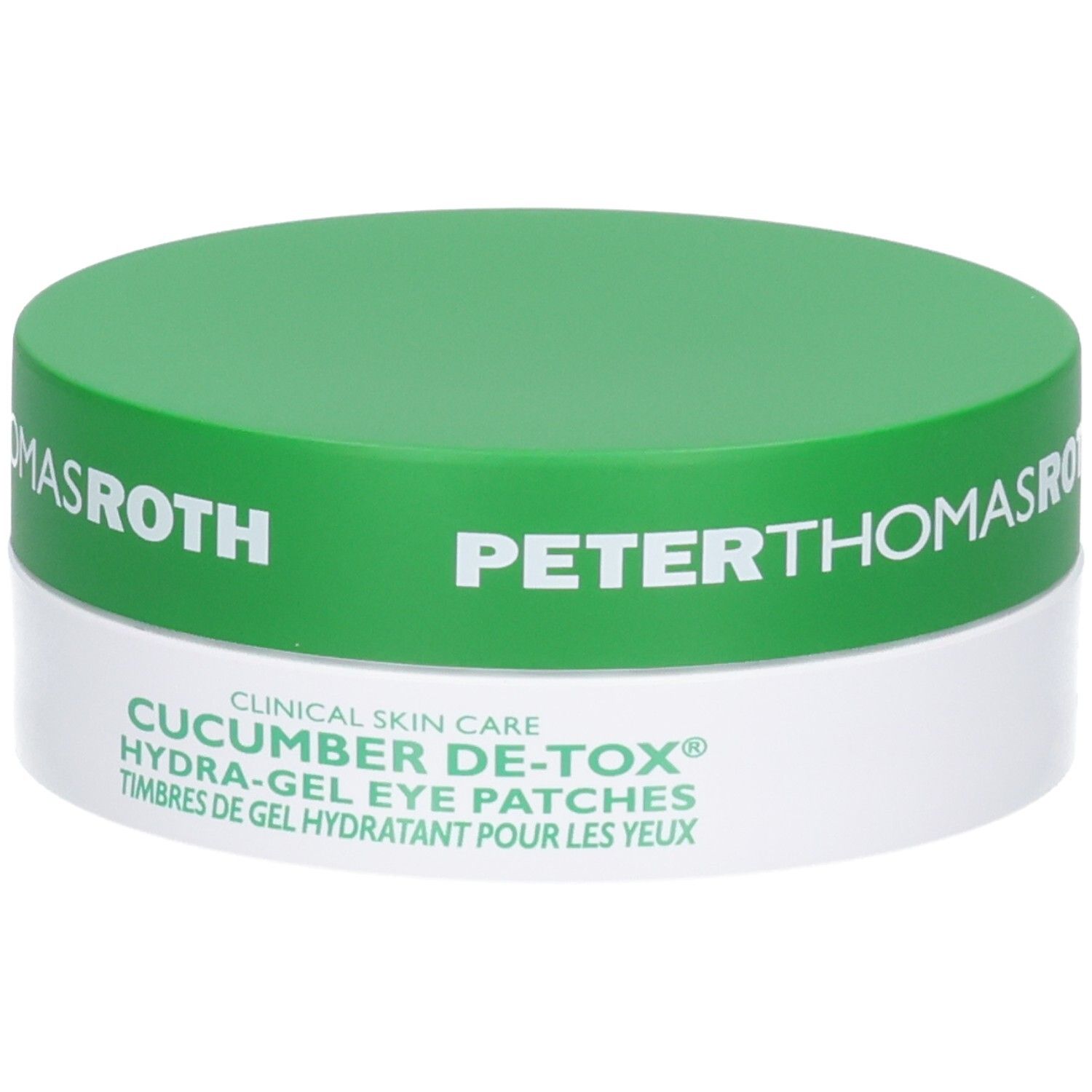 Peter Thomas Roth Cucumber De-Tox Hydra-Gel Eye Patches dans un pot vert et blanc.