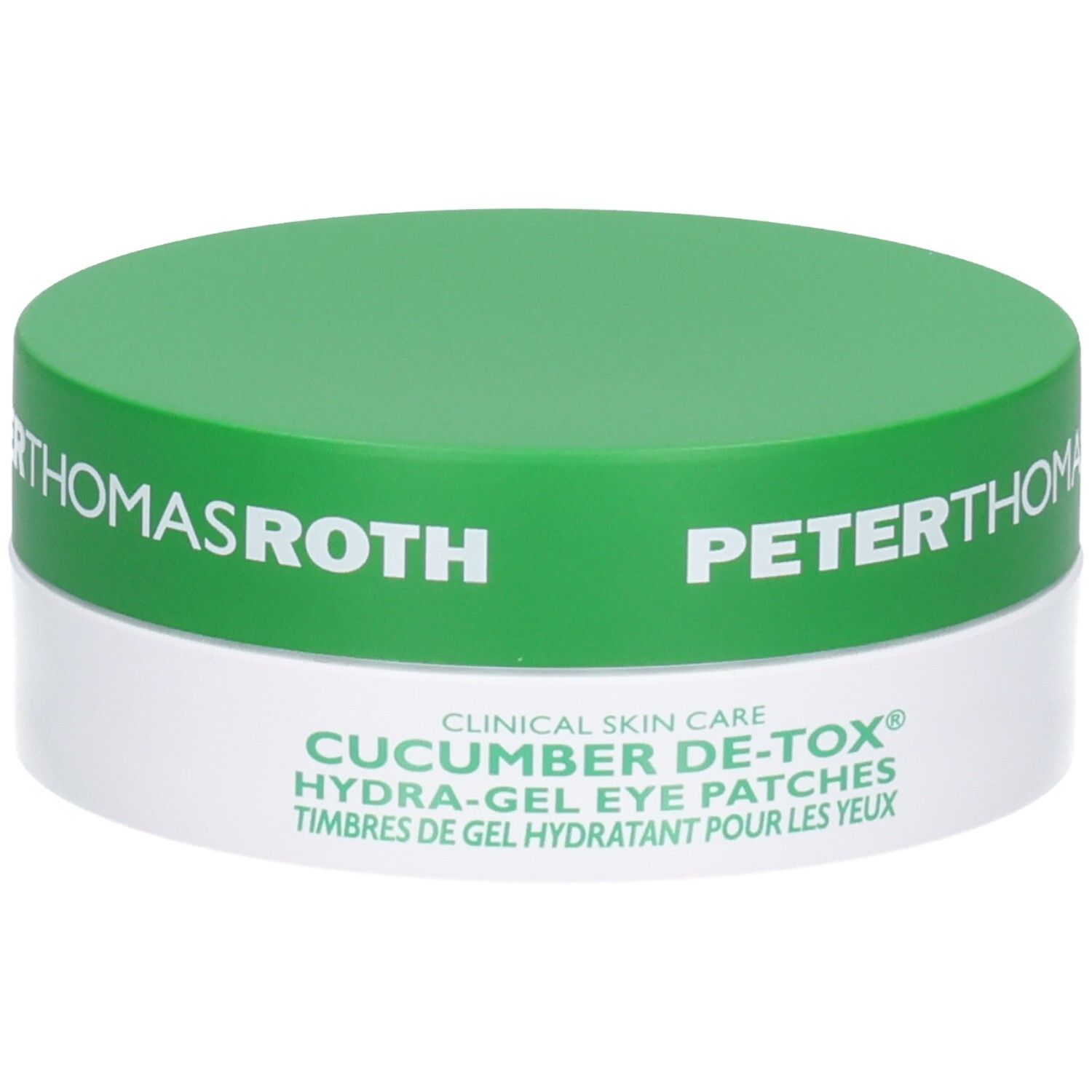 Peter Thomas Roth Cucumber De-Tox Hydra-Gel Eye Patches dans un pot vert et blanc.