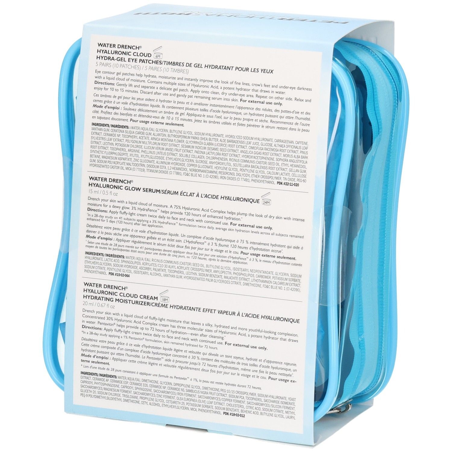 Arrière du kit de voyage Peter Thomas Roth Water Drench Hydra-Besties 7 pièces avec descriptions et ingrédients des produits.