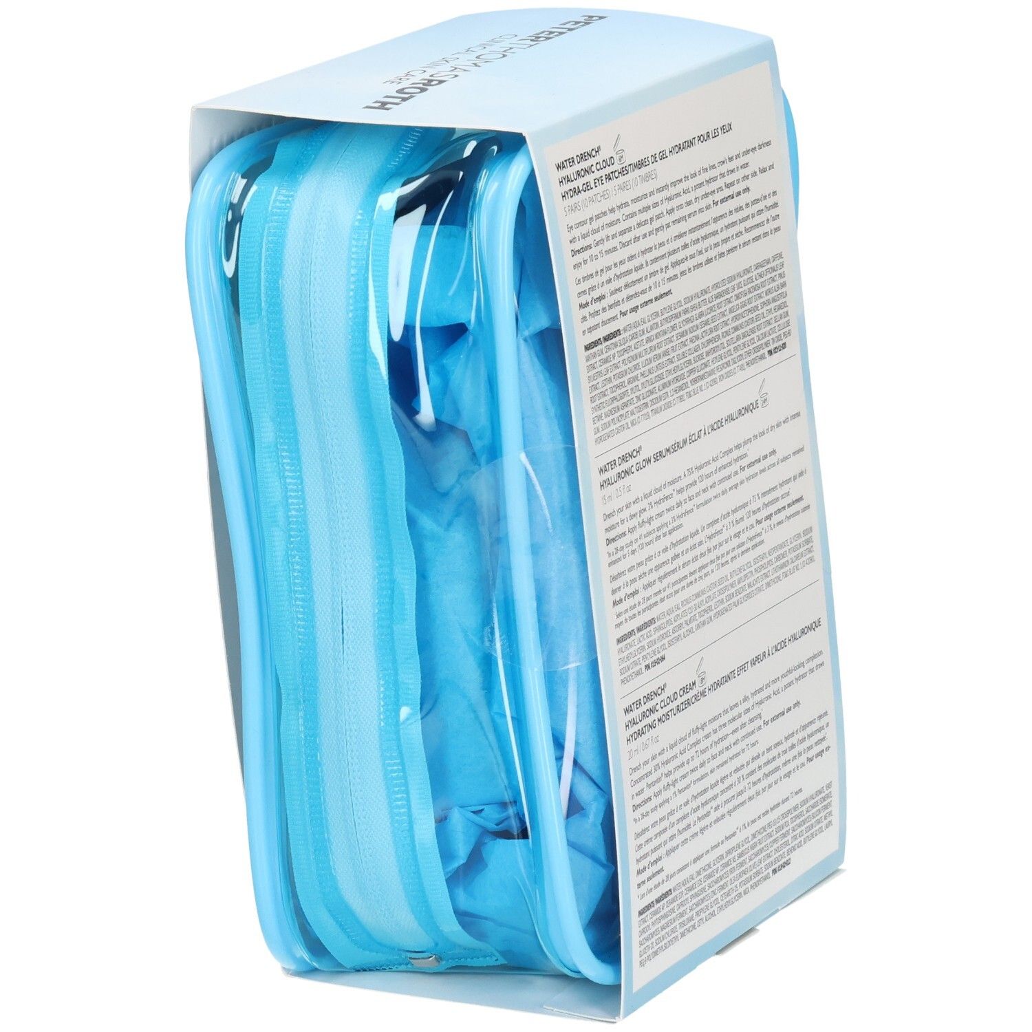 Kit de voyage Peter Thomas Roth Water Drench Hydra-Besties 7 pièces, vue arrière avec pochette bleue et informations sur le produit.