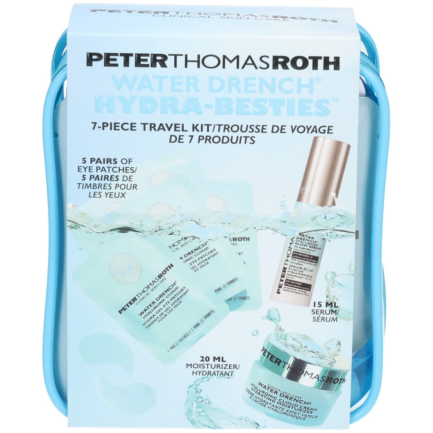 Kit de voyage Peter Thomas Roth Water Drench Hydra-Besties 7 pièces avec patchs oculaires, sérum et crème hydratante dans une pochette bleue.