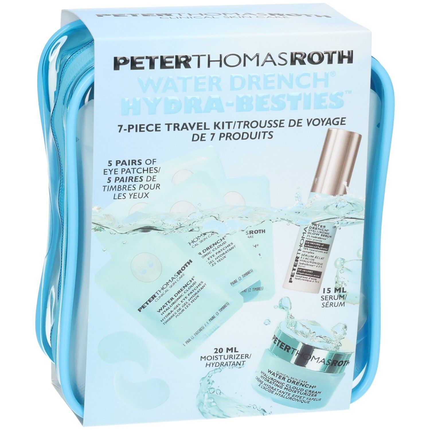 Kit de voyage Peter Thomas Roth Water Drench Hydra-Besties 7 pièces avec patchs oculaires, sérum et crème hydratante dans une pochette bleue.