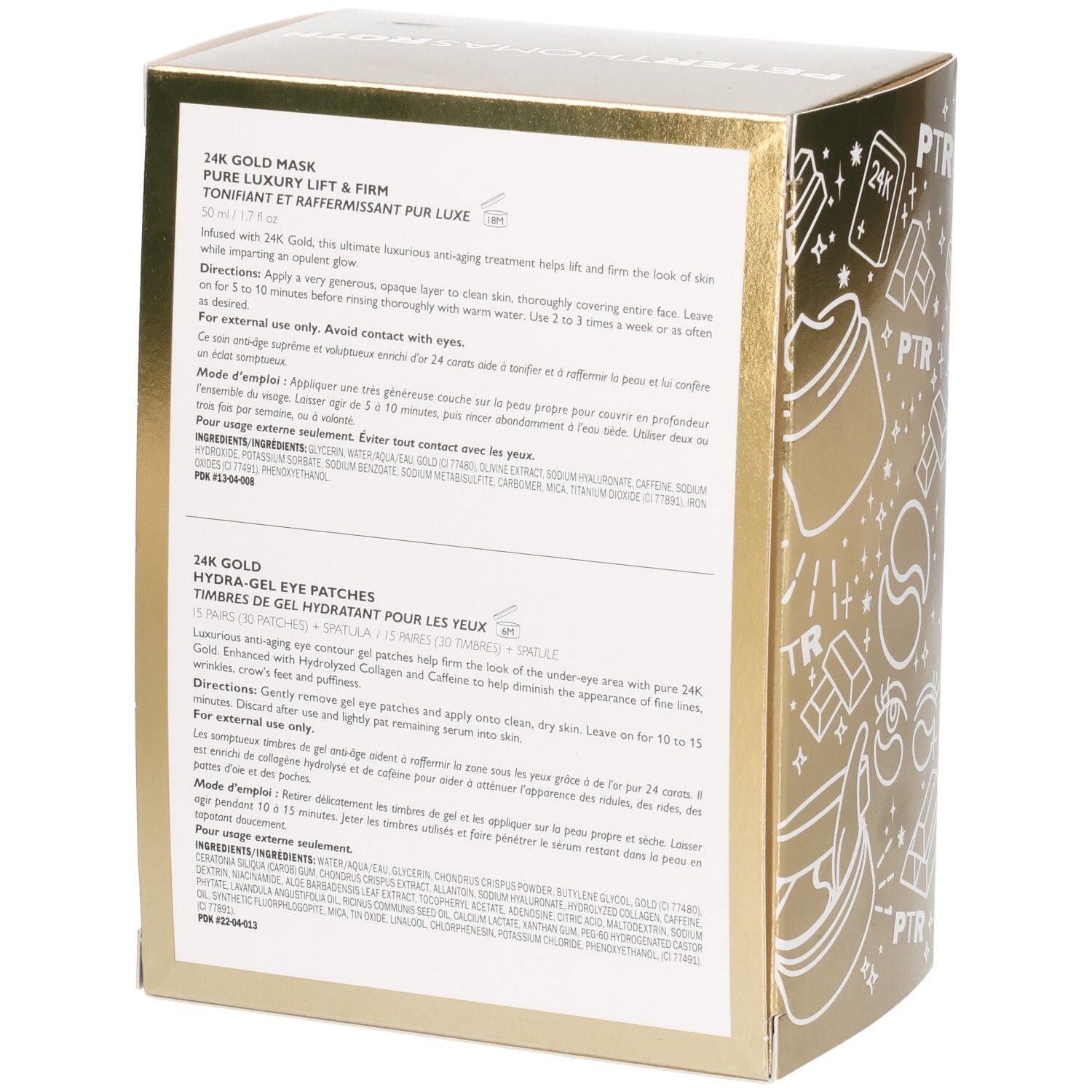Dos d'un emballage doré avec informations produit et instructions pour le Masque 24K Gold et les Patchs Yeux Hydra-Gel.