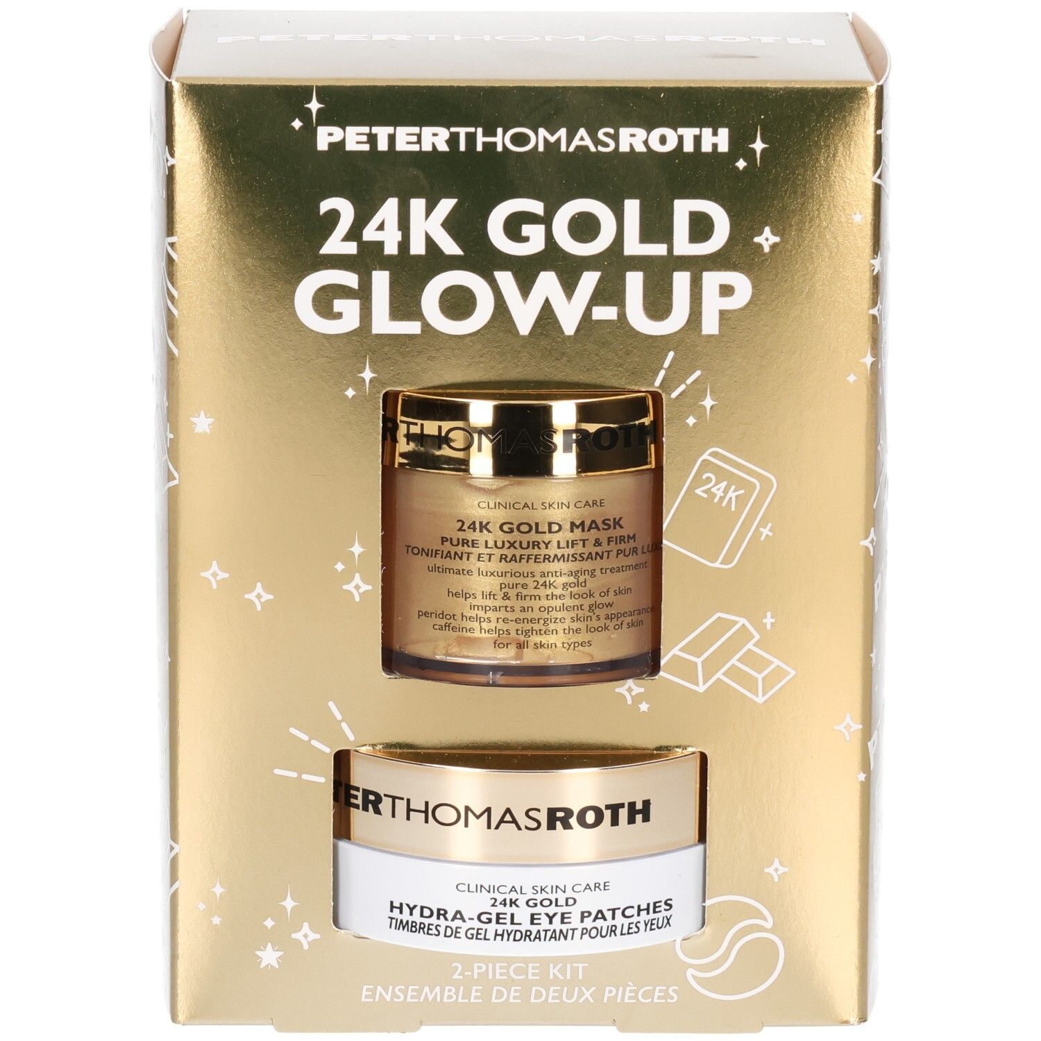 Kit Peter Thomas Roth 24K Gold Glow-Up avec un pot de Masque 24K Gold et un pot de Patchs Yeux Hydra-Gel.