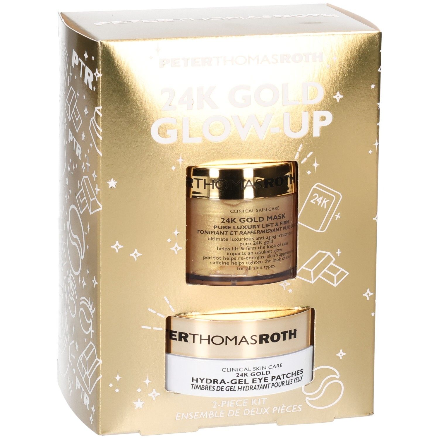 Kit Peter Thomas Roth 24K Gold Glow-Up avec un pot de Masque 24K Gold et un pot de Patchs Yeux Hydra-Gel.