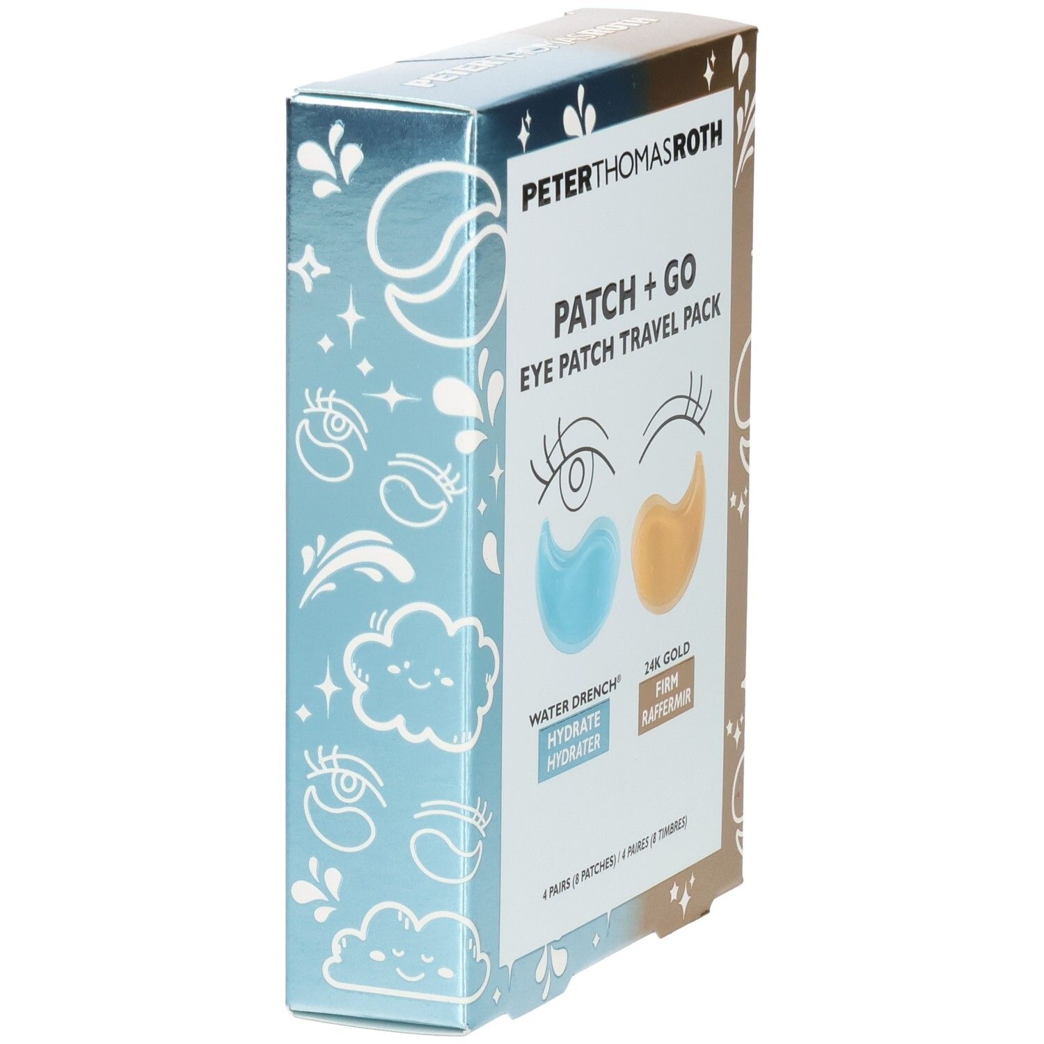 Emballage Peter Thomas Roth Patch + Go Eye Patch Travel Pack, face avant avec illustrations d'yeux et deux couleurs de patchs.