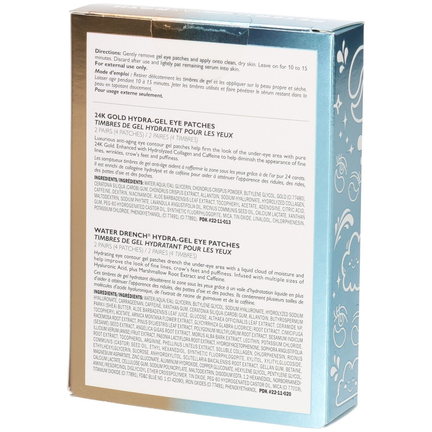 Dos de l'emballage Peter Thomas Roth Patch + Go Eye Patch Travel Pack avec informations produit et ingrédients.